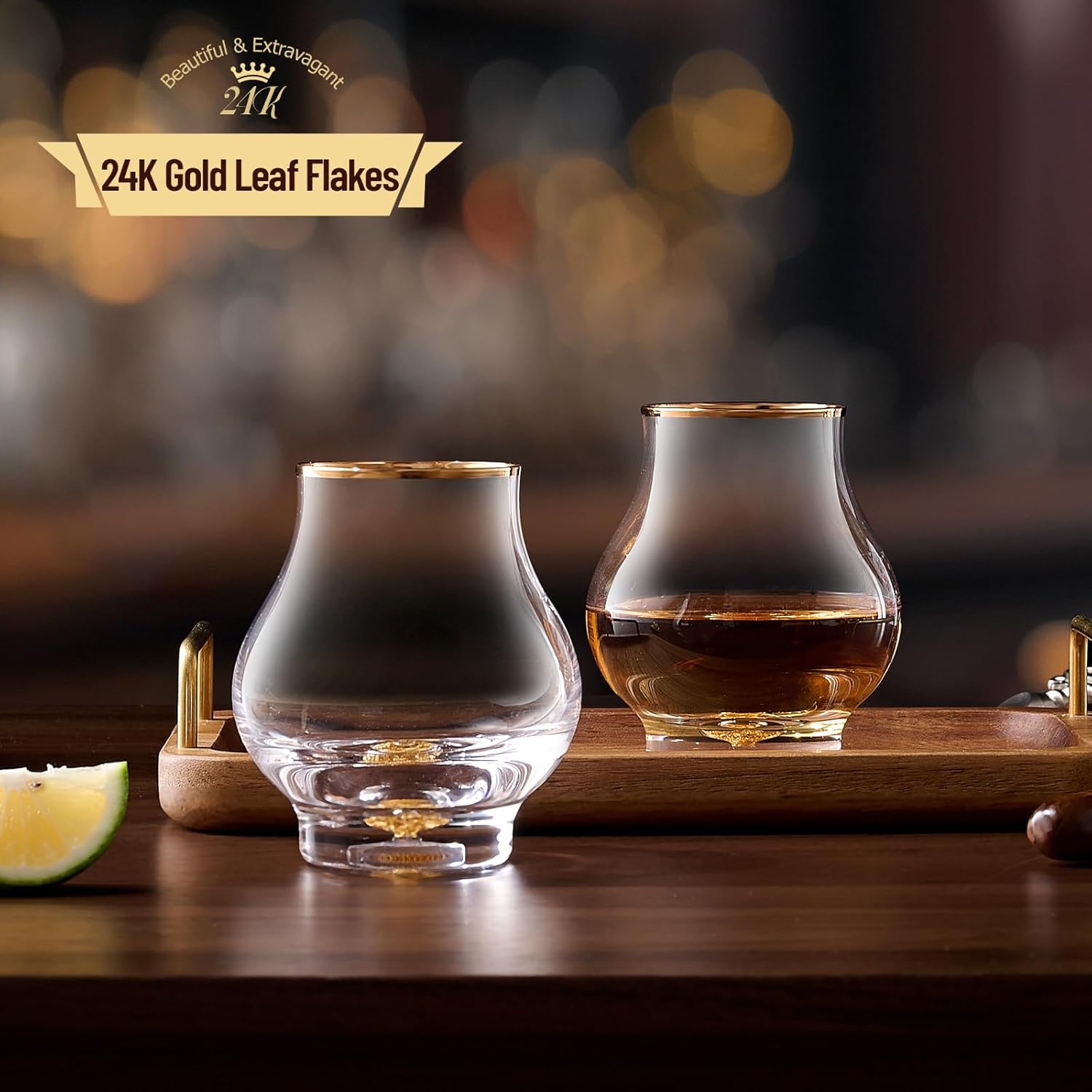DUJUST‌ Elegant Curvaceous Snifter Glasses Set of 6 (7oz), Crystal Whiskey Glass with 24K Gold Leaf Flakes, ONE OF A KIND, Luxury Glass for Brandy/Bourbon/Tequila, BPA-Free&Lead-Free