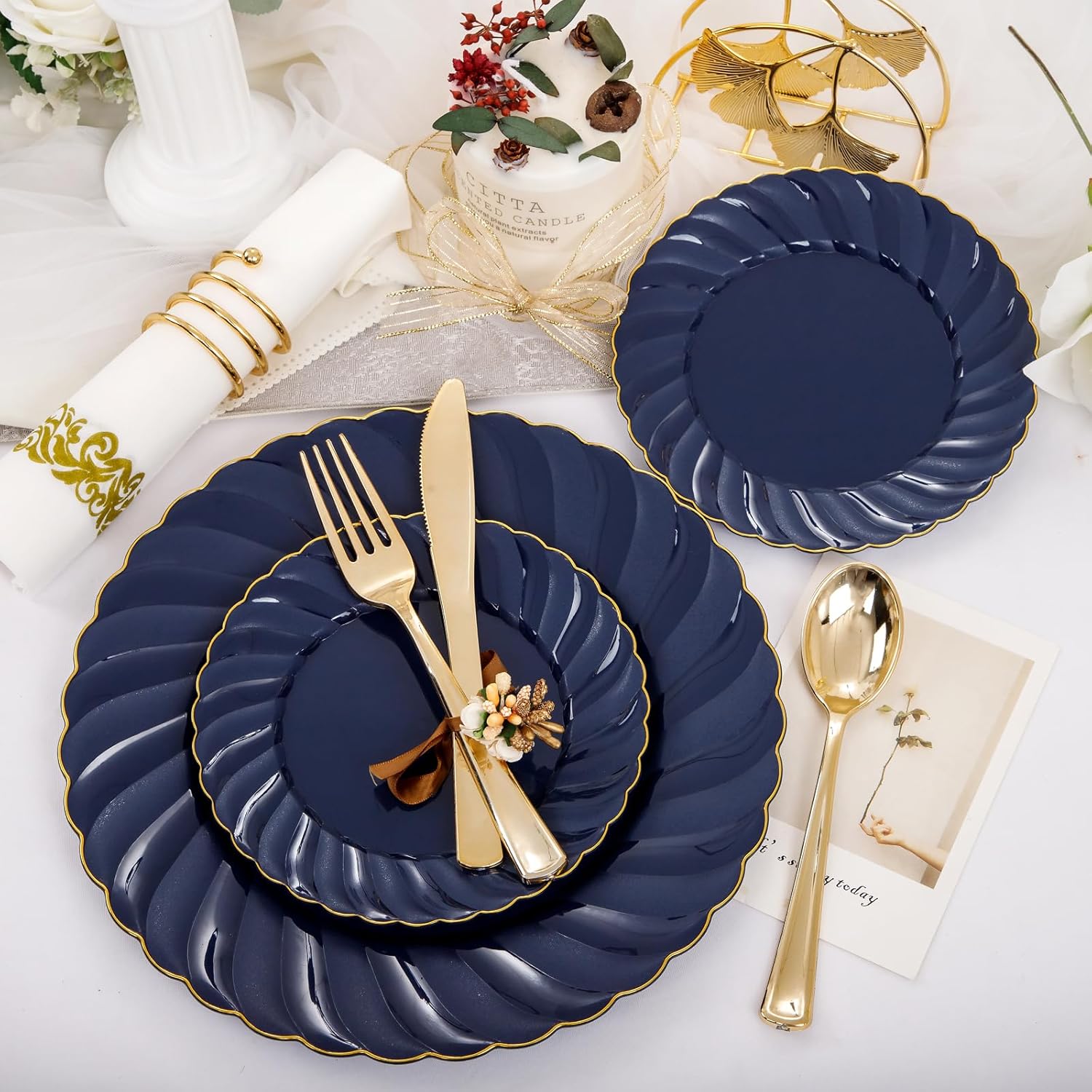YOUBET 150PCS Blue Plastic Plates - Gold Plastic Silverware - Heavy Duty Navy Blue Disposable Plates include 50 Plates, 25 Forks, 25 Knives, 25 Spoons, 25 Napkins for Wedding Birthday Parties Hanukkah - Image 5