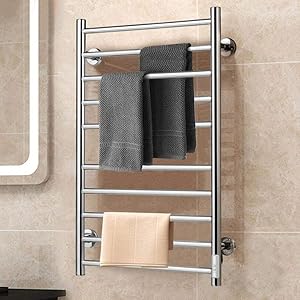 BAKAJI Toallero eléctrico de 135 W para baño de pared, toallero con 10 elementos calefactores de metal al carbono, función temporizador de 2/4 horas (plateado)