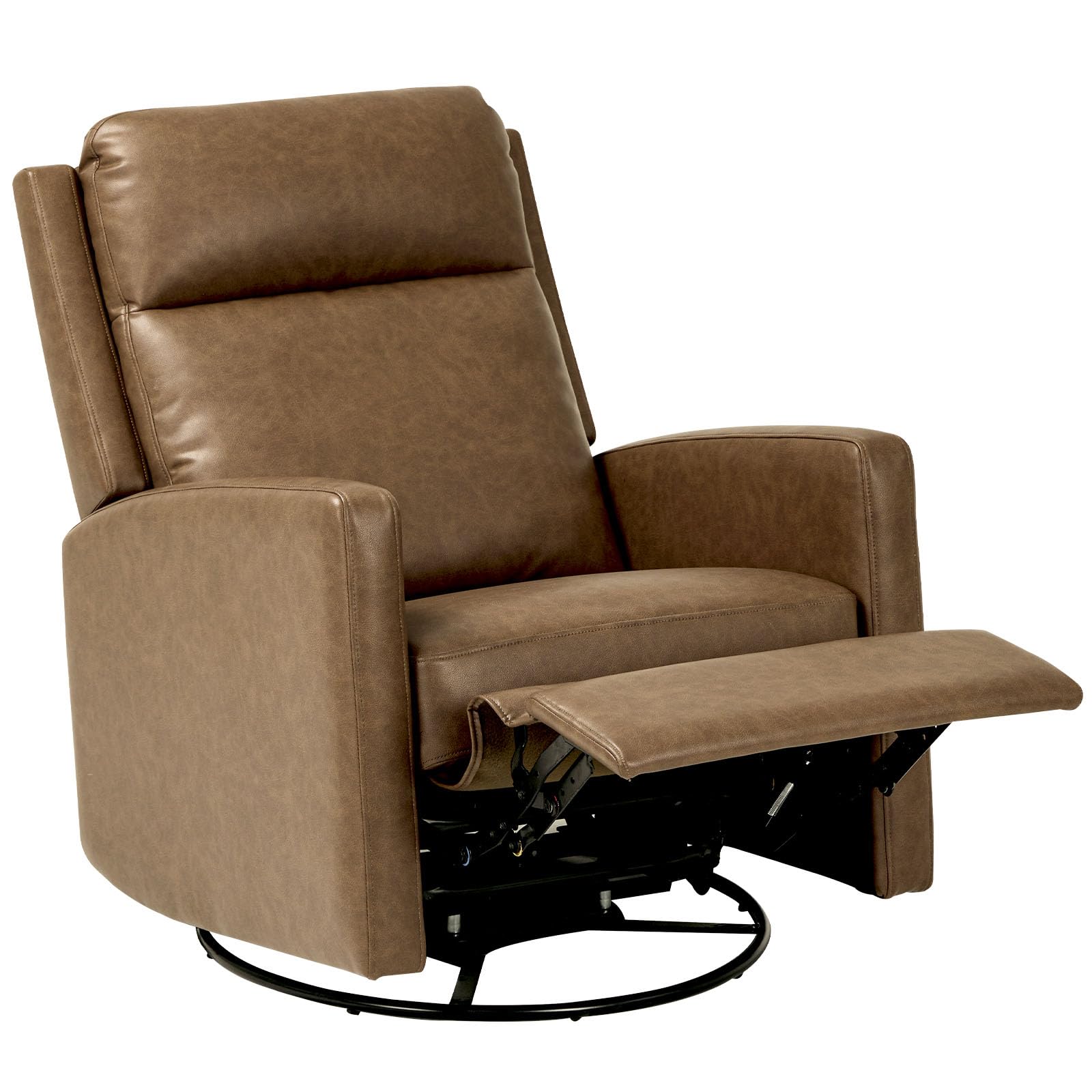 colamy recliner chair, pu leather 360° swivel rocker recliner, nursery glider recliner with ergonomic high backrest and upholstered deep seat for living room, bedroom, color brown