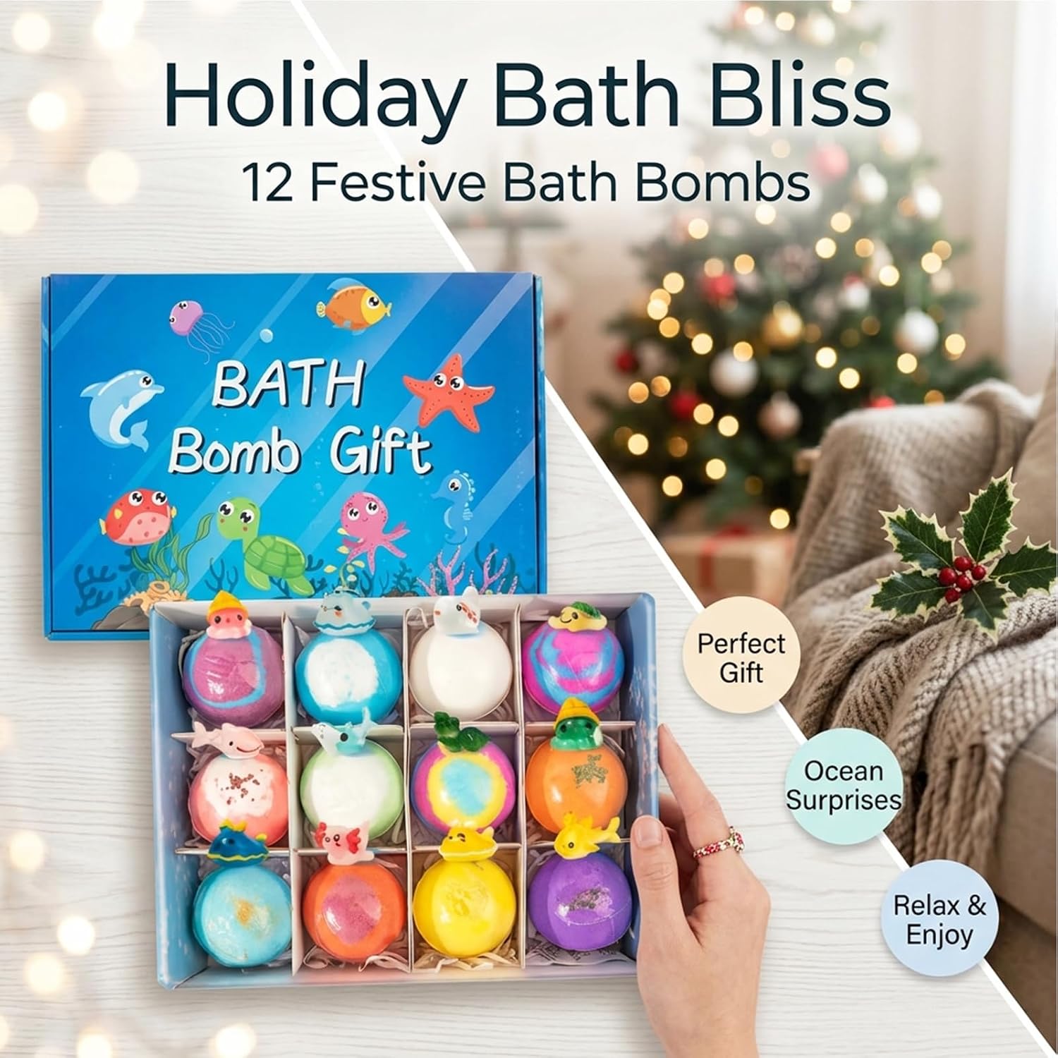Kids Bath Bombs with Toys Inside, 12PCS Ocean Surprise Series Fizzy Bath Balls, Natural Vegan Essential Oils, Skin Moisturizing Spa Gift Set for Toddler Boys Girls Kids Children Baby