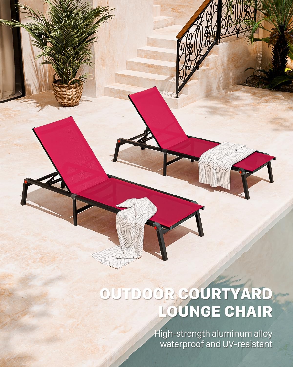 Aluminum Chaise Foldable Patio Lounge Chair Outdoor,Adjustable 5-Position Recliner Pool Lounge Chair,Full Flat Tanning Chair for Patio,Beach,Pool,Outdoor Lounge Chairs,Red+Table