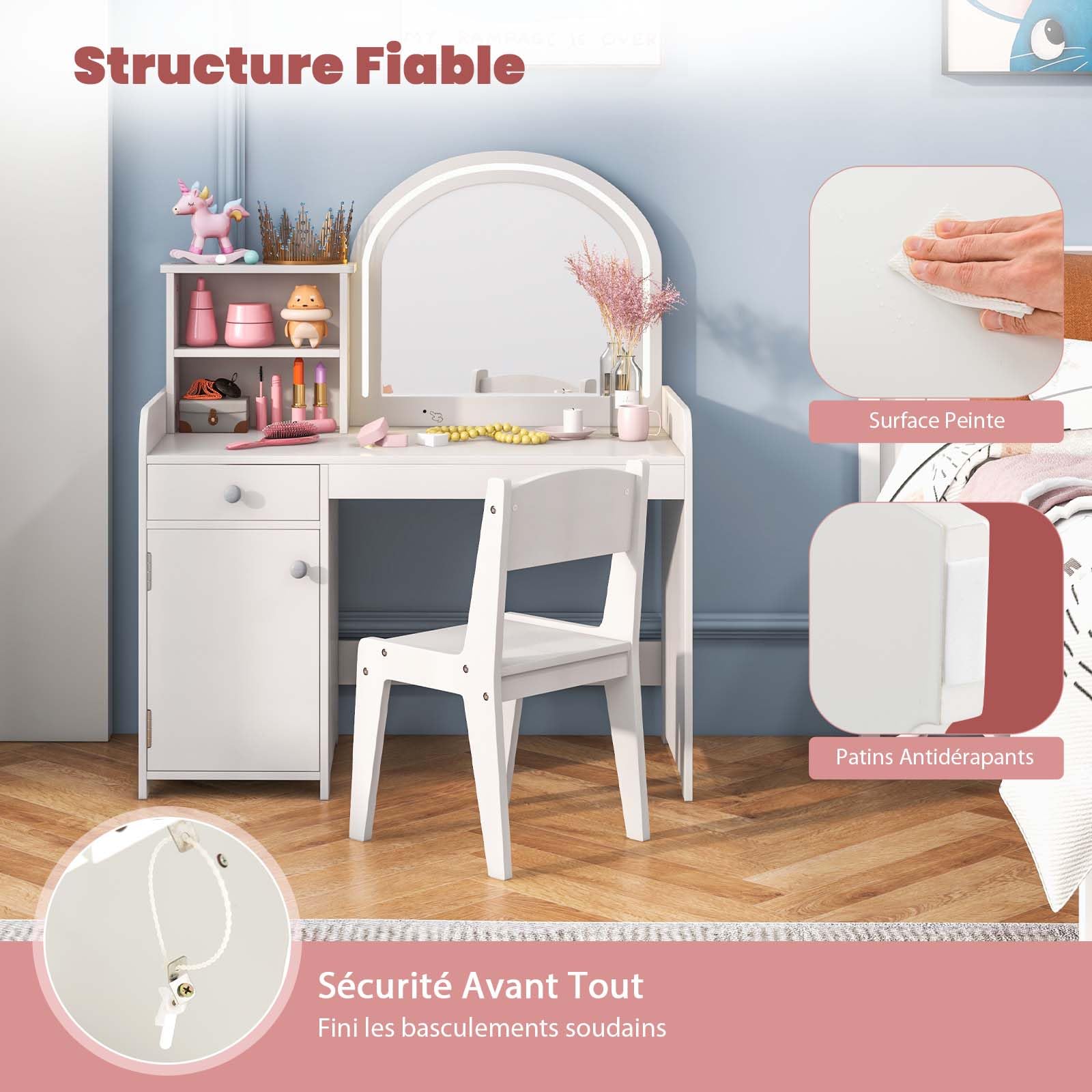 DREAMADE Coiffeuse Enfants Fille avec Tabouret&Lumières LED,2 en 1 Bureau Enfants 3+Ans avec Miroir&Dispositif Anti-Bascule,Table de Maquillage Princesse avec 2 Etagères&Tiroir,Charge 50KG (Blanc)