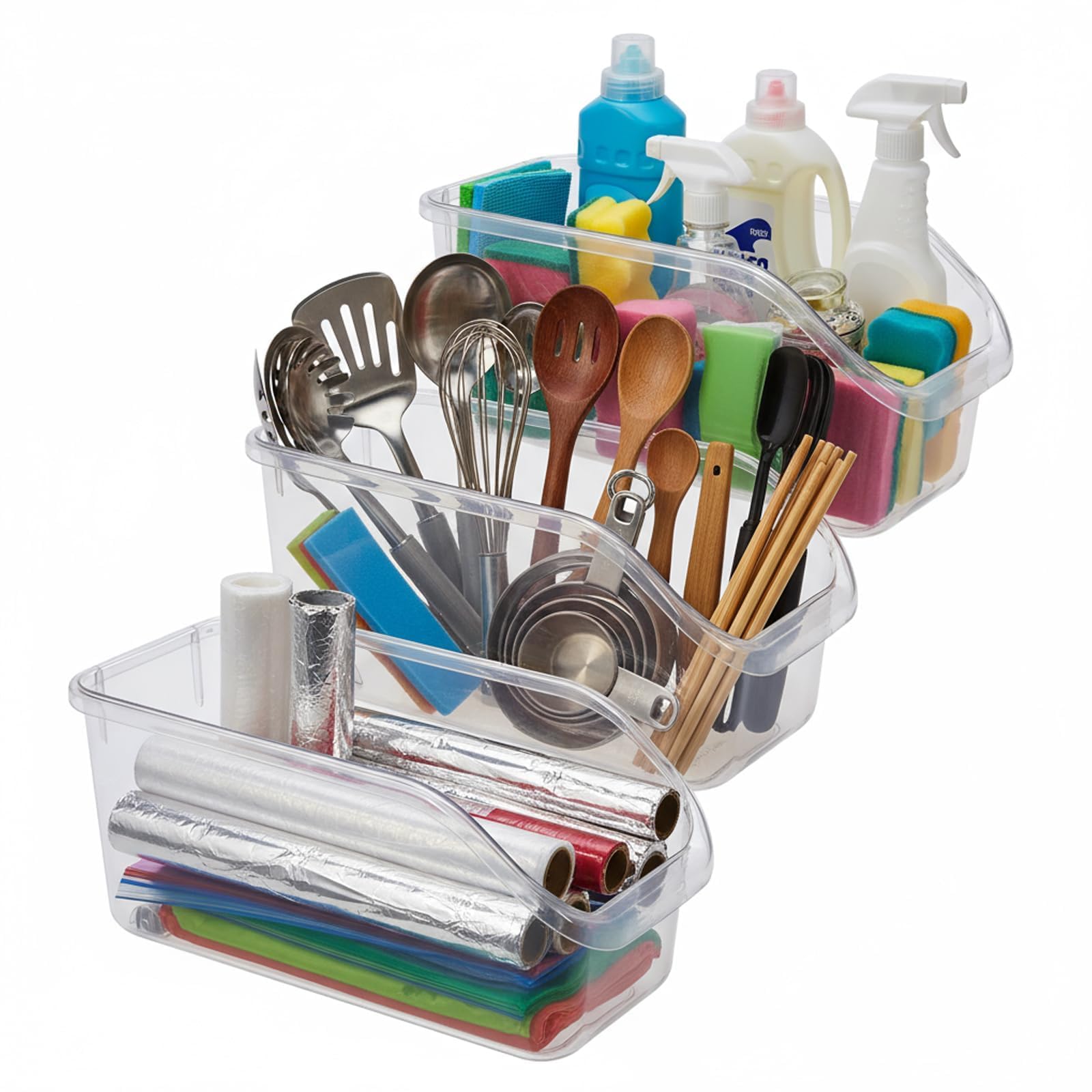 Punorric 3 Pack Under Sink Organiser, Clear Rolling Undersink Storage Organiser Kitchen, Multi-Purpose Under Cupboard Storage Cabinet Organiser for Bathroom Dorm & Kitchen Storage Organisation