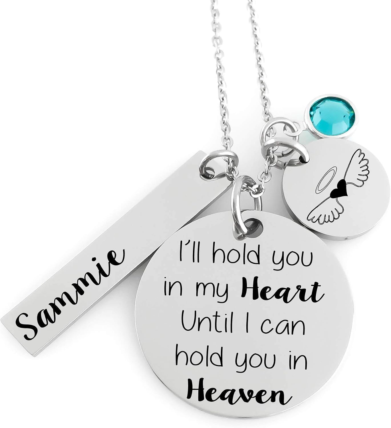 Memorial Jewelry Necklace - I'll hold you in my Heart Until I can hold you in Heaven- Name Disc, Angel Wing & Birthstone Crystal
