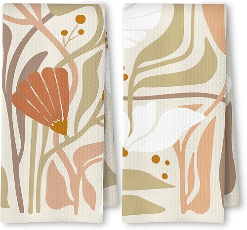 Miniatura 7 de Juego de 2 toallas de cocina florales bohemias abstractas verdes y negras, toallas de té/platos botánicas retro groovy de los años 70 para Verde y