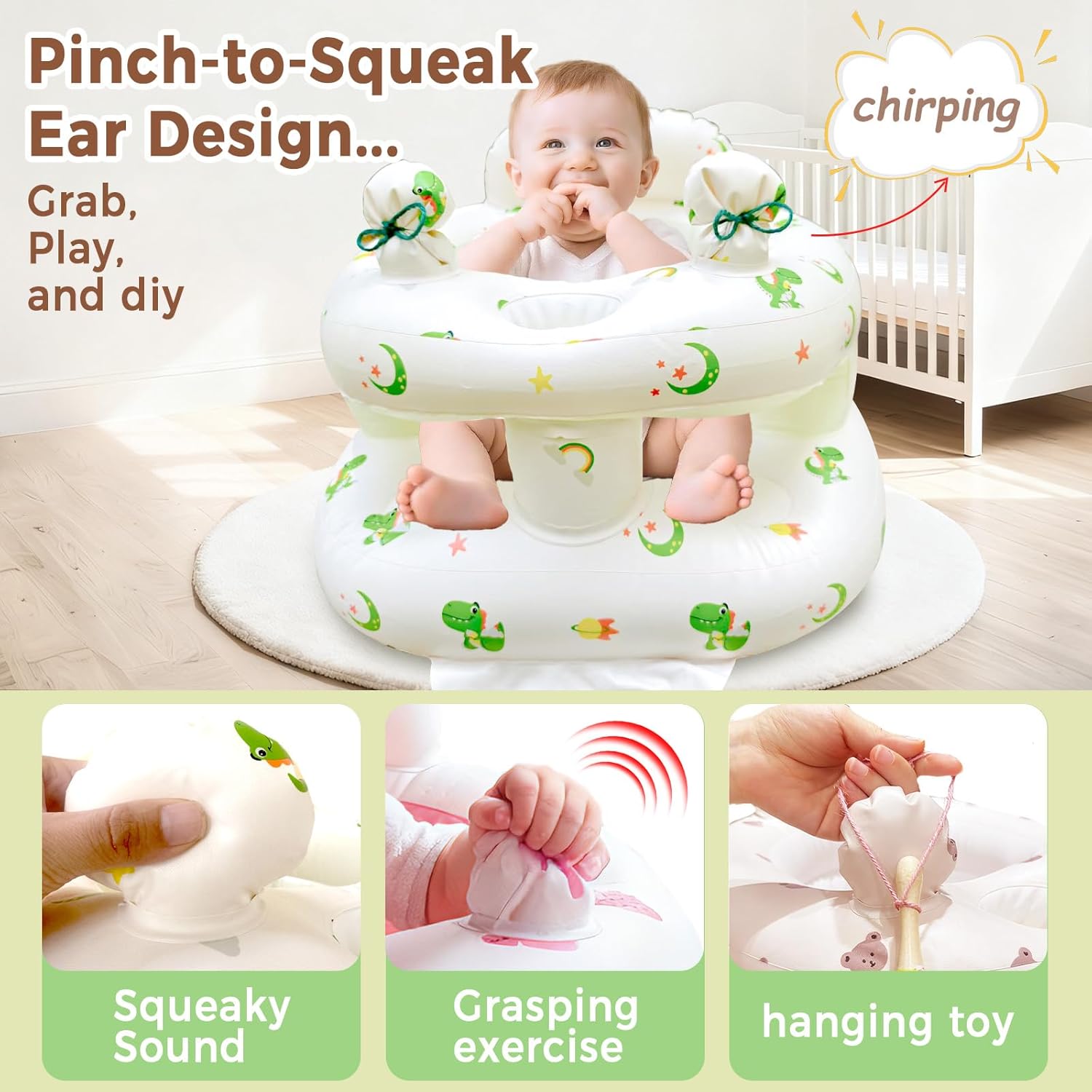 Inflatable Baby Seat for Babies 3-36 Months，[Squeaky Sound & Anti-Fall Design] Inflatable Chair with Sound-Making Ears, Baby Seat for Sitting-Up Practice, Built-in Air Pump (Ear Dinosaur)