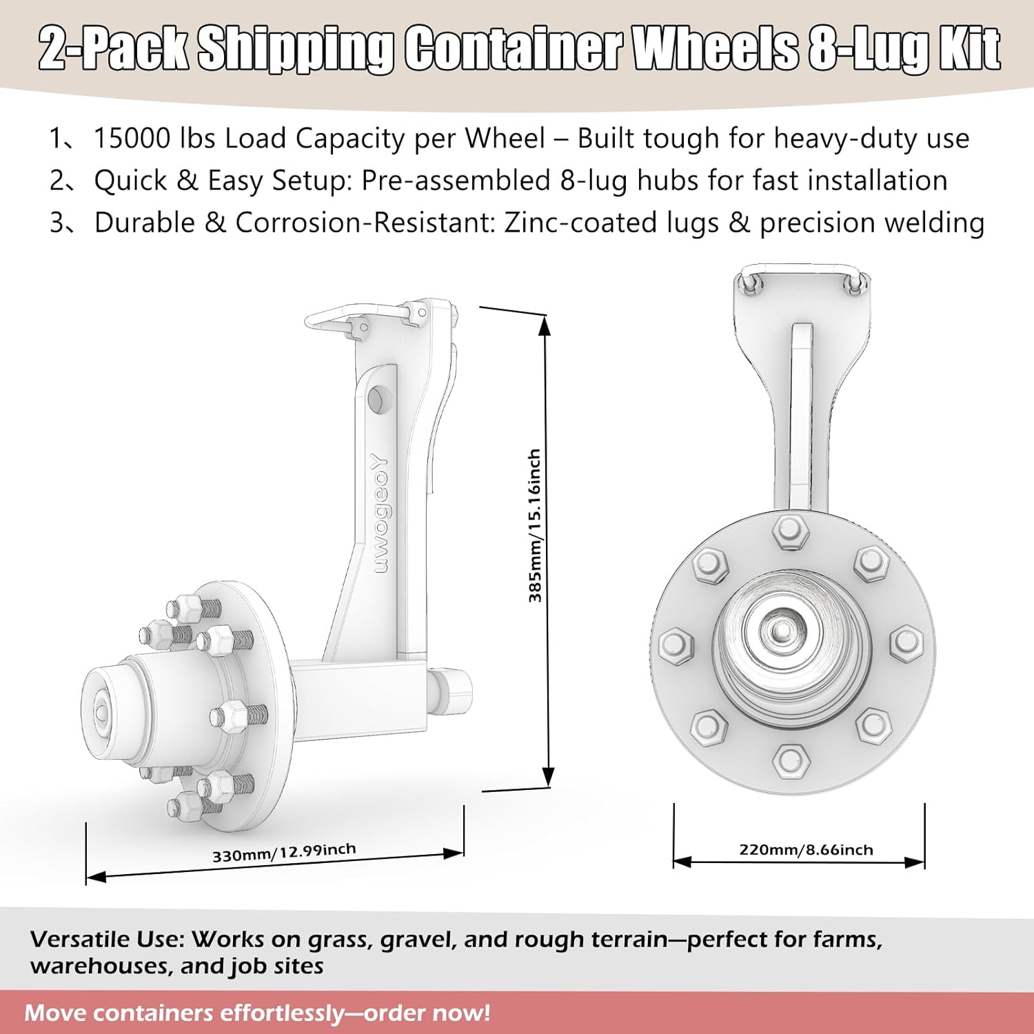Upgrade 2-Pack Shipping Container Wheels Kit with 6/8 Lug Bolt-On Spindle,Heavy-Duty Shipping Container Axles for Up to 40ft Containers, 15000LB Capacity, Shipping Container Accessories (8-Lug)