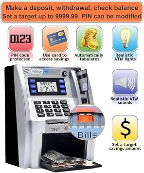 ATM Real Money Bank for Adults and Kids with Debit Card Money Feeder Coin Recognition Survival Calculations Digital Electronic Piggy Bank | One key shutdown, coin recognition, target setting, bill feeder, surplus calculator, electronic saving machine