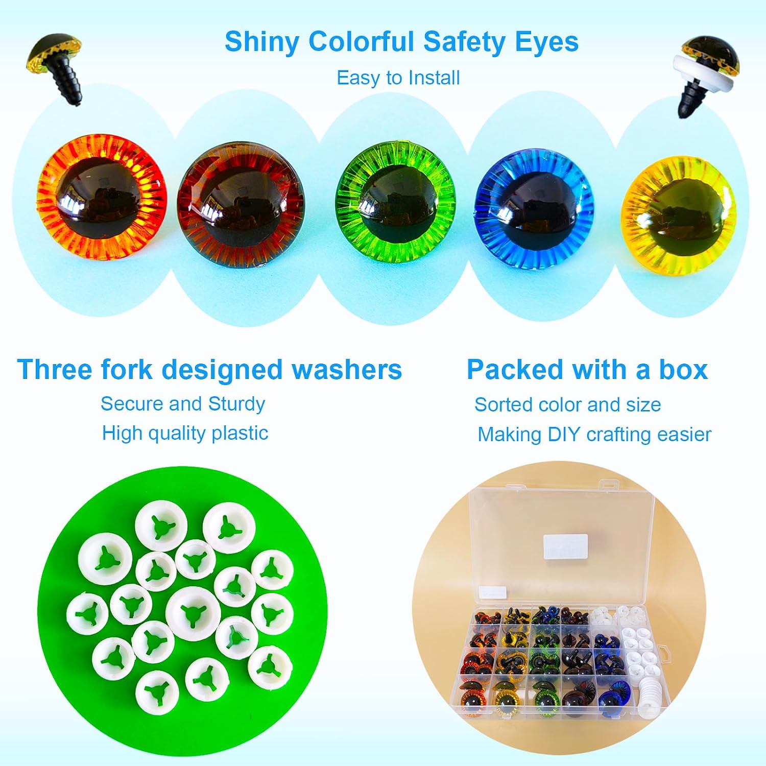 Nizdyzy 100pcs Safety Eyes 11mm-23mm Glitter Safety Eyes for Amigurumi Colored Plastic Safety Eyes with Washers for Crochet DIY Doll and Stuffed Animals Toy Making
