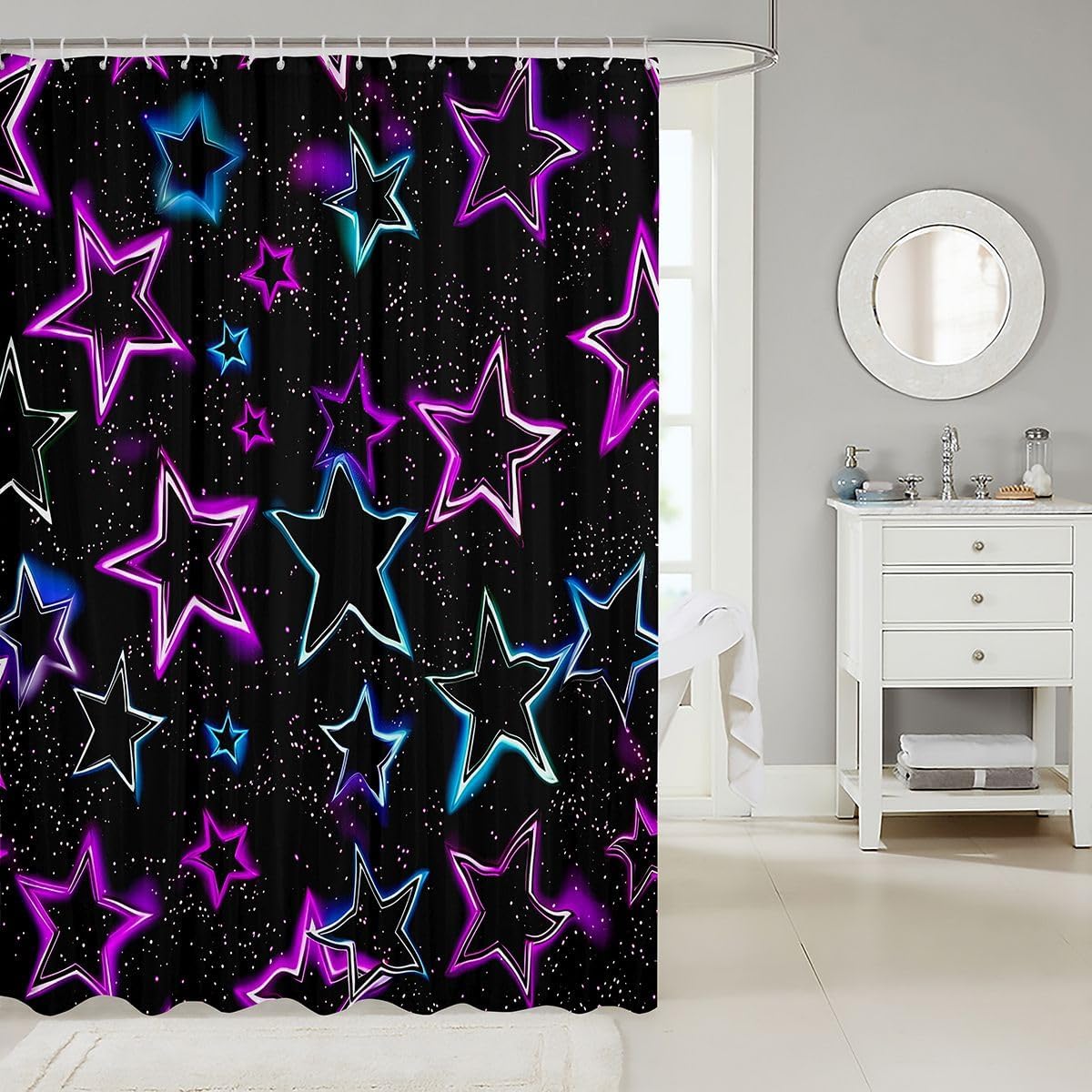 Erosebridal Colorful Stars Print Bathroom Accessories 3D Neon Lights Star Print Shower Curtain Geometric Star Themed Bathroom Curtain Kids Adults 72" W x 72" L Outer Space View Fabric Shower Curtains image 2