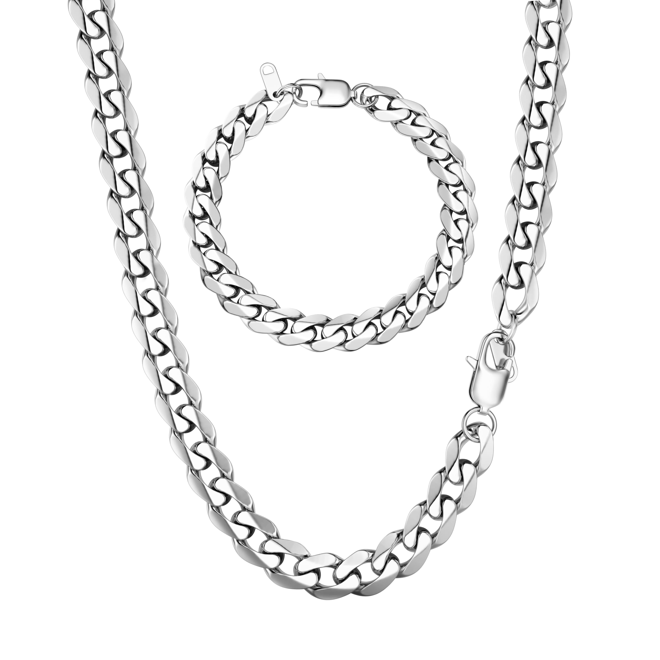 LOLIAS Collar Pulsera Cadenas Cubanas para Hombre Mujer,Cadena Cubana Acero Inoxidable Longitud 45/51/55 CM Ancho 5mm/9mm Plata Cadena Acero Inoxidable Hombre