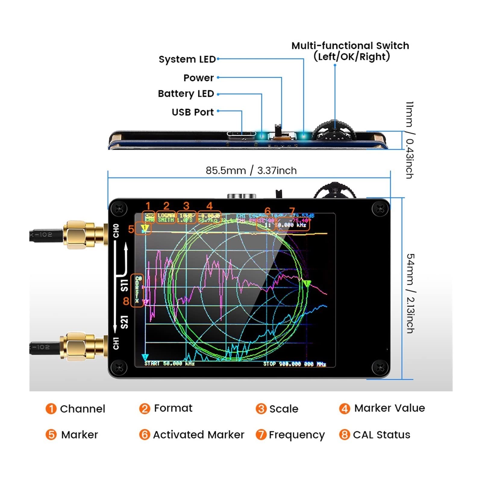 Analizator sieci wektorowej VNA cyfrowy ekran dotykowy krótkofalówka MF HF VHF UHF analizator antenowy fala stojąca z baterią,Potężne Funkcje(H4 with RF Demo Kit)