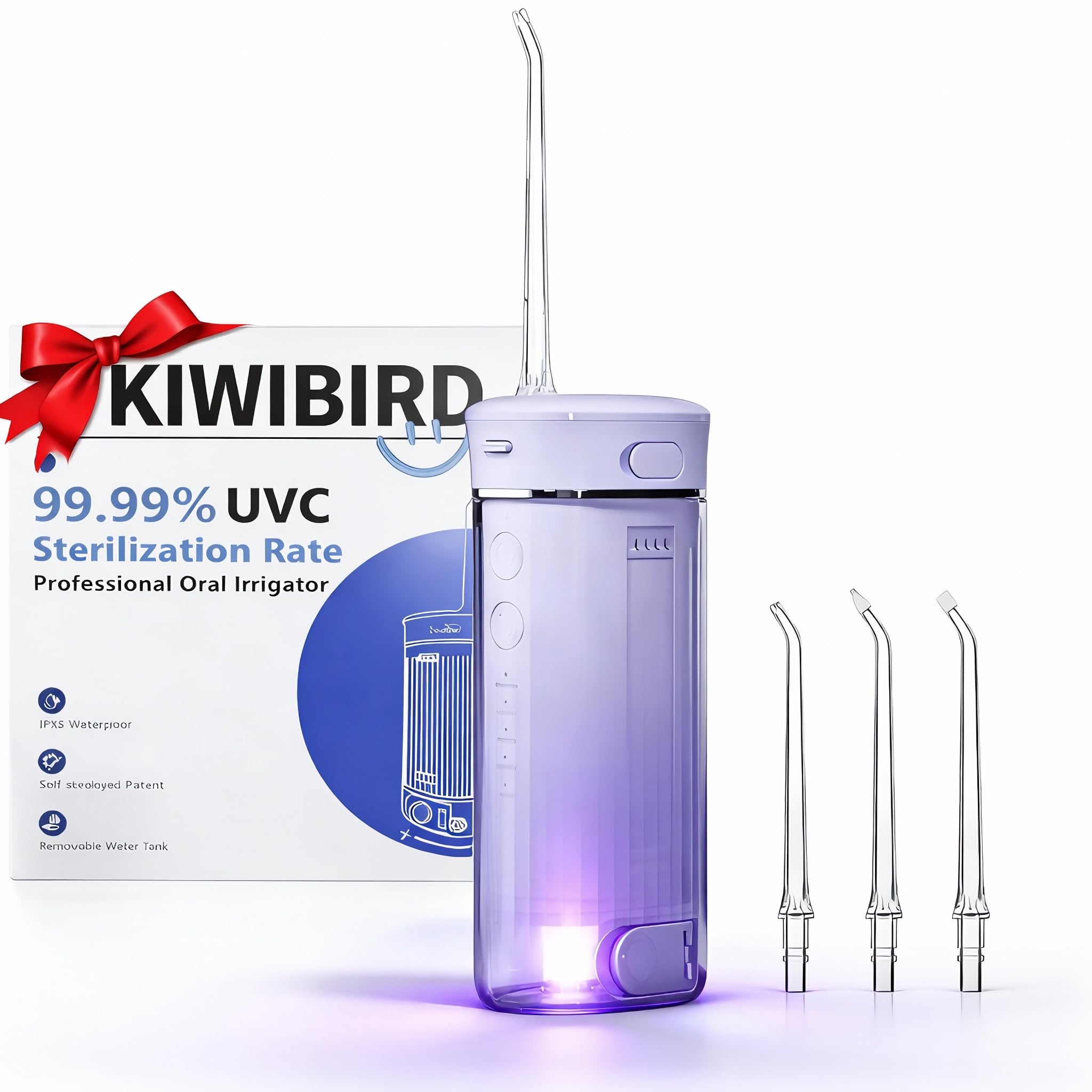 KIWIBIRD Mini idropulsore da viaggio, irrigatore orale senza fili ultraportatile con luce UVC, impermeabile IPX8, 3 modalità, 230 ml, detergente per i denti per la cura di pietre tonsillari e