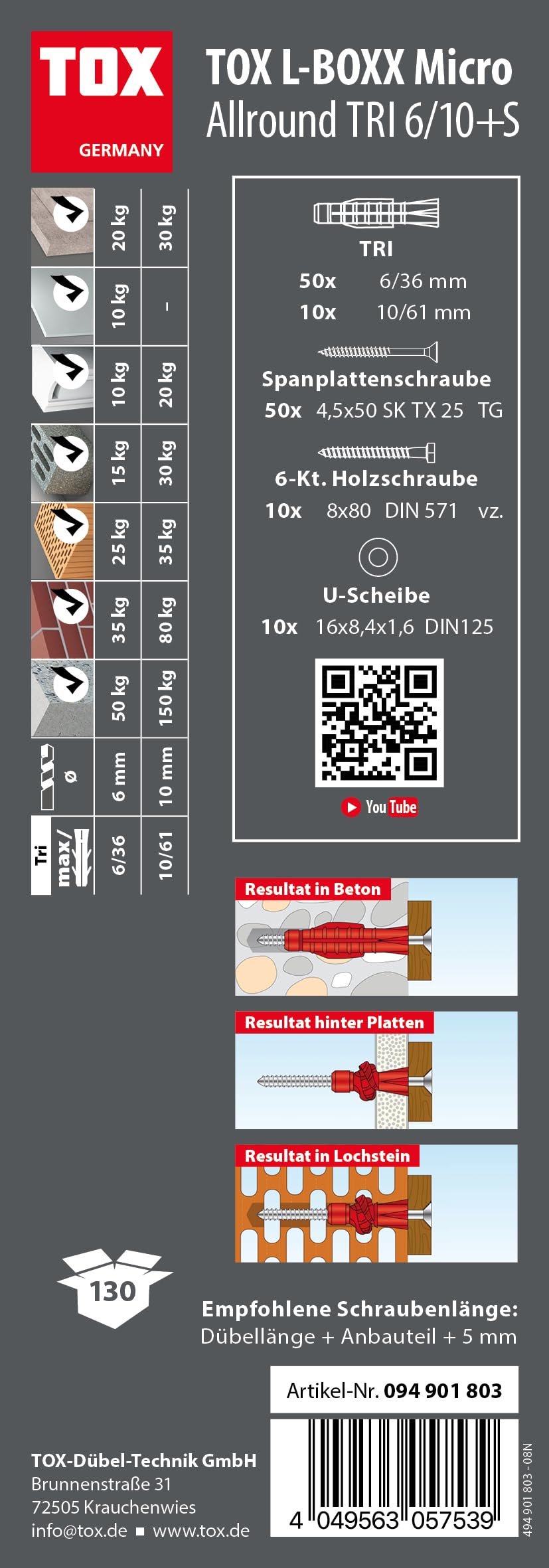 TOX L-BOXX Micro Allround TRI 6/10 Dübel- und Schrauben-Sortiment 130 tlg