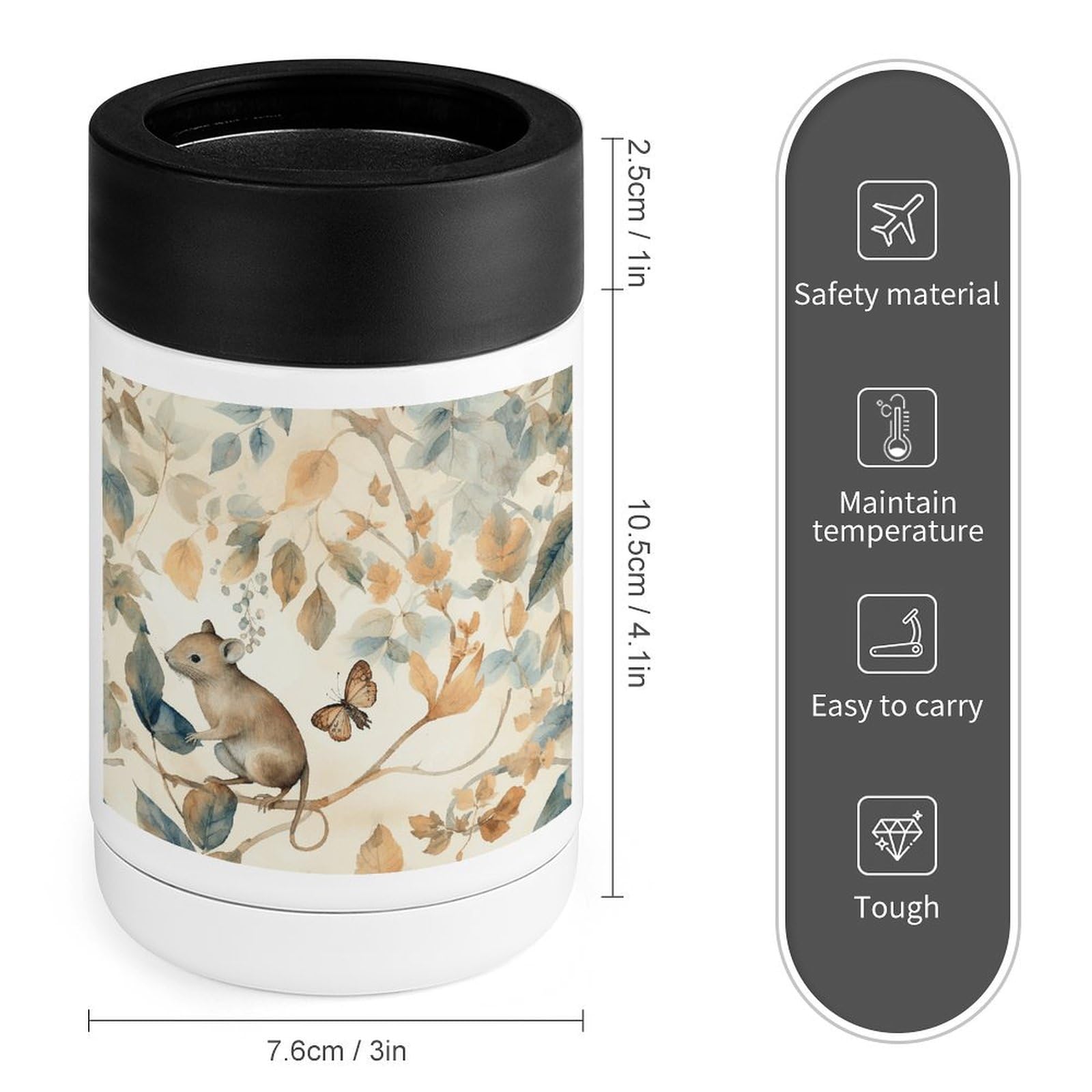 Stainless Steel Cooler, Mice and Leaves Print Multipurpose Beverage Chiller with Silicone Sleeve for Home, Office, Camping, and Bar
