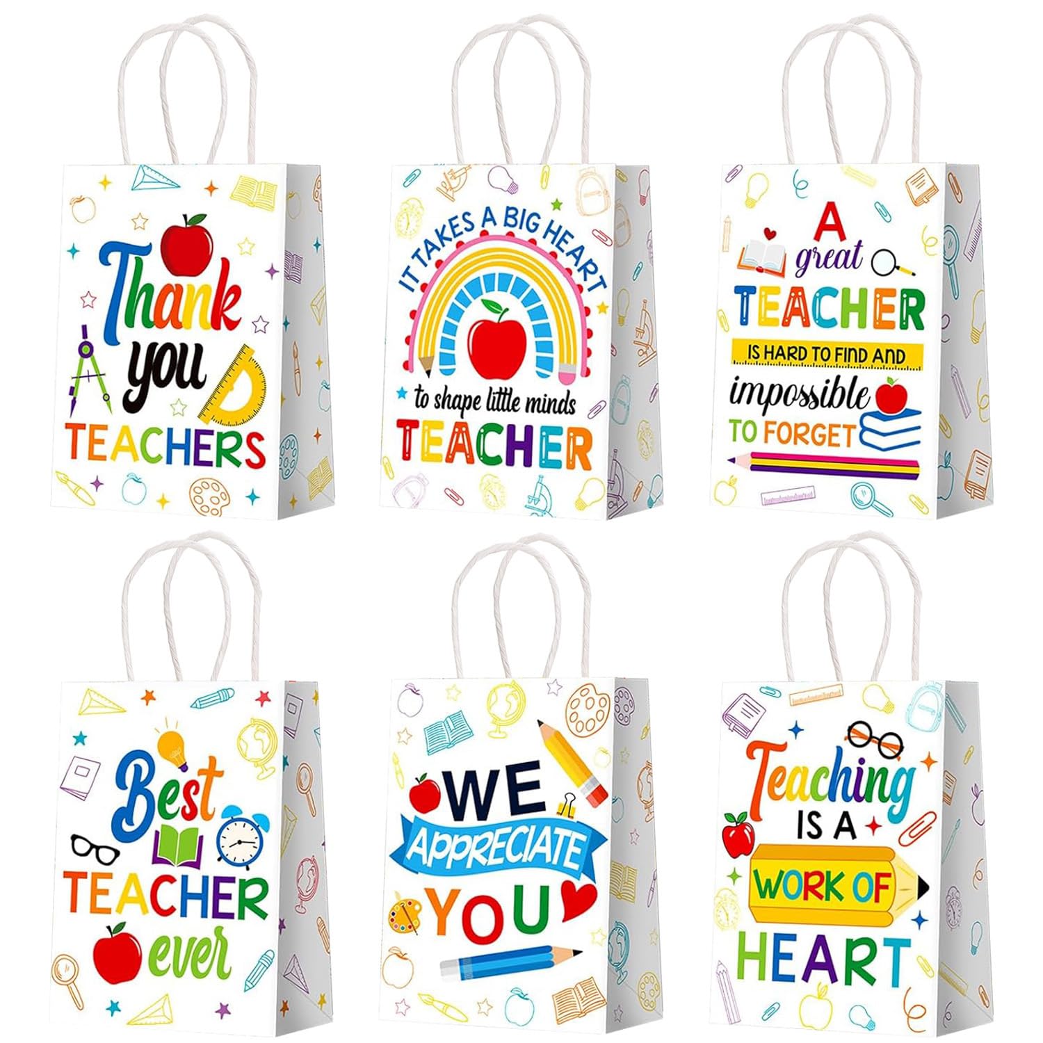 XINDY Teacher Gifts Bag, 6Pcs Thank You Teacher Paper Gift Bags with Handles, Perfect for End of Year Teacher Appreciation & Leaving Gifts Wrapping, 21 x 15 x 8 cm