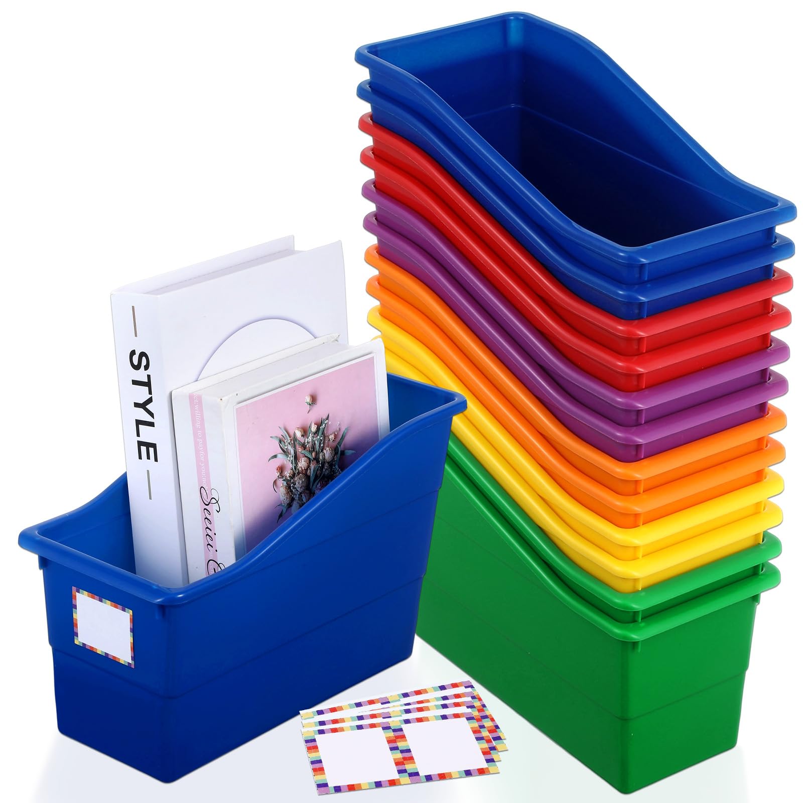 Lot de 12 grandes corbeilles à livres, organiseur de magazines en plastique durable de haute qualité avec étiquettes pour salle de classe, bibliothèque, bureau, organisation de bureau, catégorisation