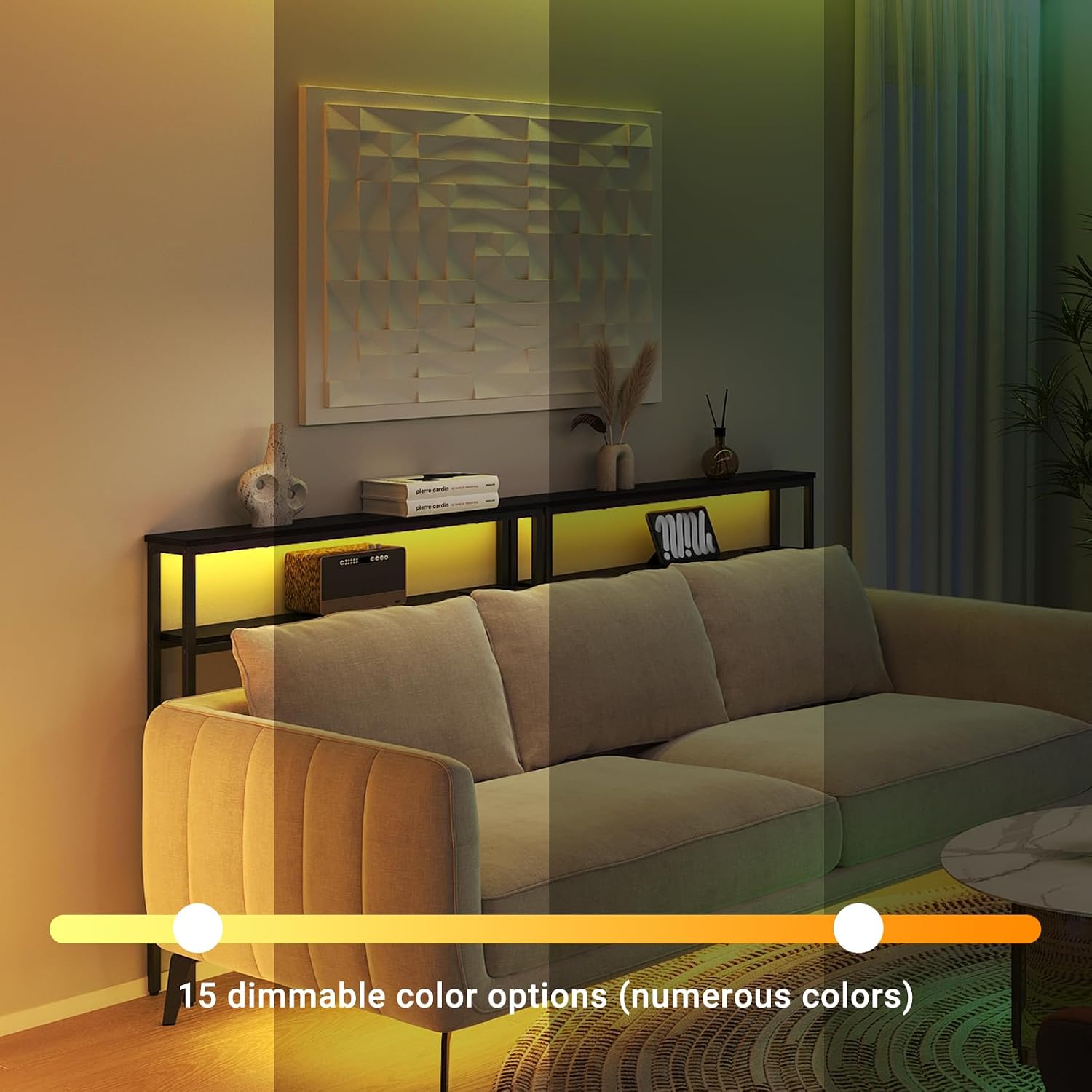 ELYKEN console table behind a sofa with yellow LED lighting