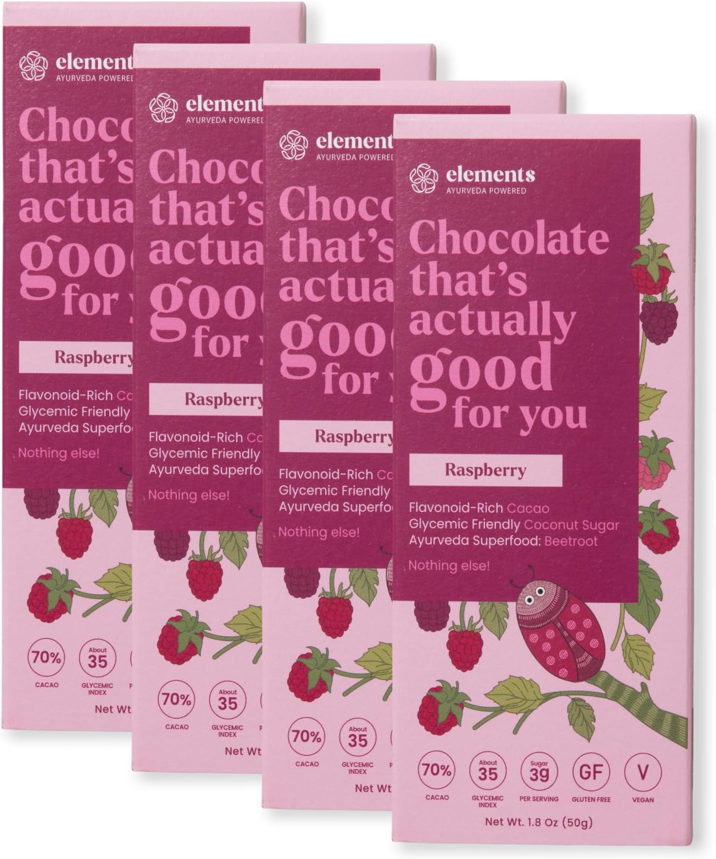 Elements Truffles Raspberry Flavoured Dark Chocolate Bar| Ayurvedic, Vegan & Gluten Free | No Refined Sugar & Artificial Flavours | Enriched with Cocoa, Coconut Sugar & Raspberry 50g (Pack of 4)