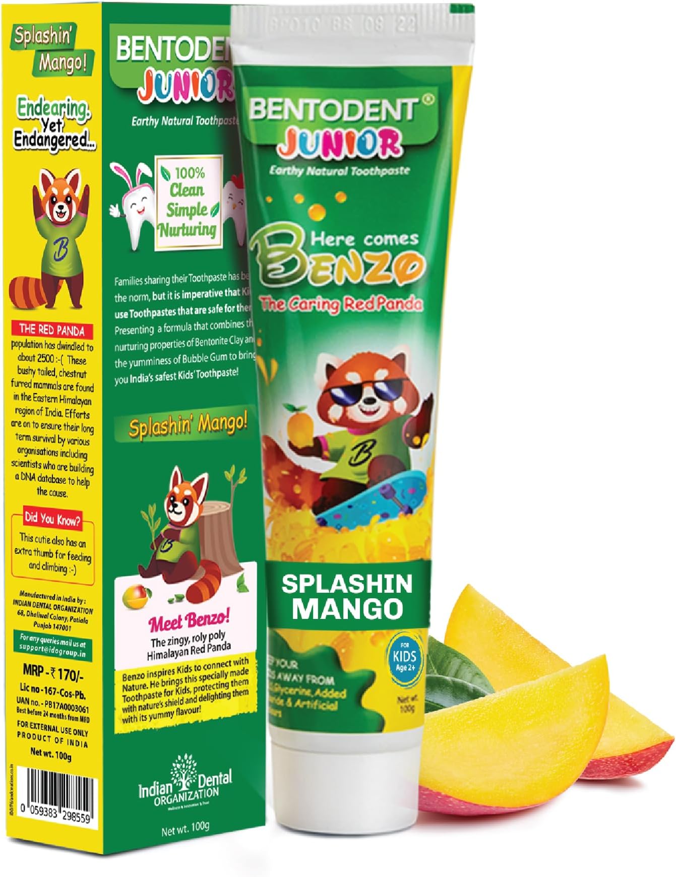 Bentodent Kids Herbal Toothpaste – Natural Mango Flavor | 100% Safe & Fluoride-Free Toothpaste for Kids 2+ Years | Gentle Oral Care, Fresh Breath & Cavity Protection | SLS Free, 100g