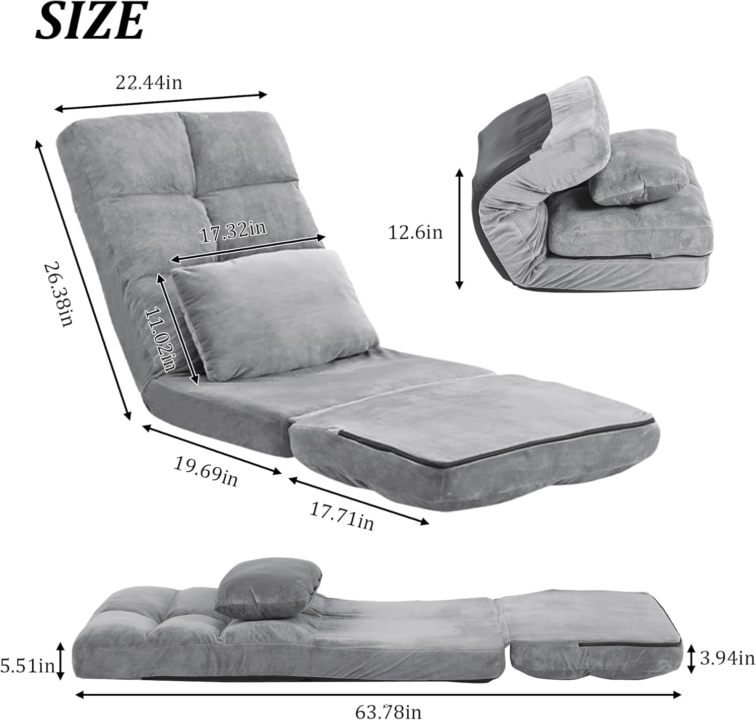 Indoor Chaise Lounge Sofa, Floor Chair with Back Support for Adults, 14 Angle Adjustment Recliner Chair, Folding Floor Lounger with Pillow (Grey)