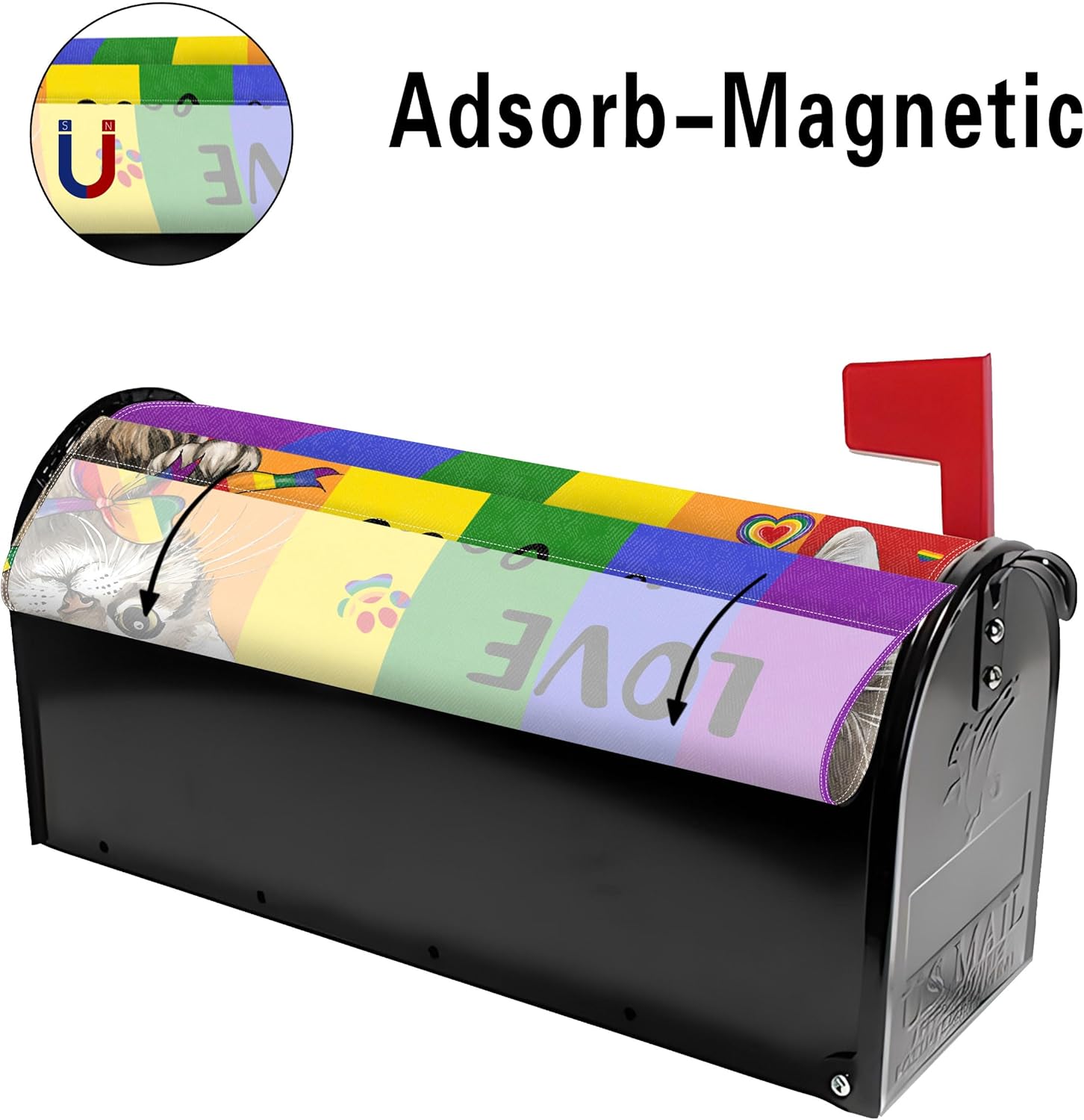 Gay Pride Cat Mailbox Cover 25.5x21 Inch, Rainbow Love is Love Post Letter Box Covers, LGBT LGBTQ Holiday Magnetic Waterproof Mail Wraps for Outdoor Yard Garden Oversized Mailbox Decor