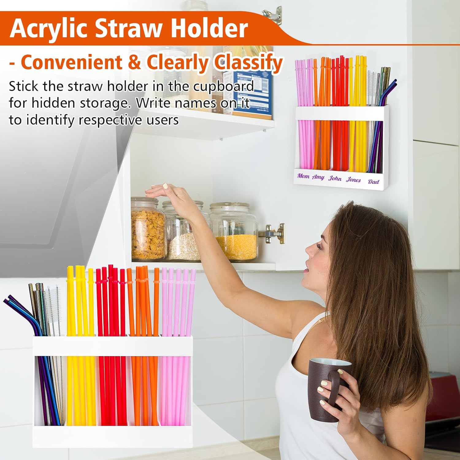acrylic straw holder for cabinet door, cupboard reusable straw organizer container, flexible removable drinking straw dispenser storage box for kitchen counter (white)