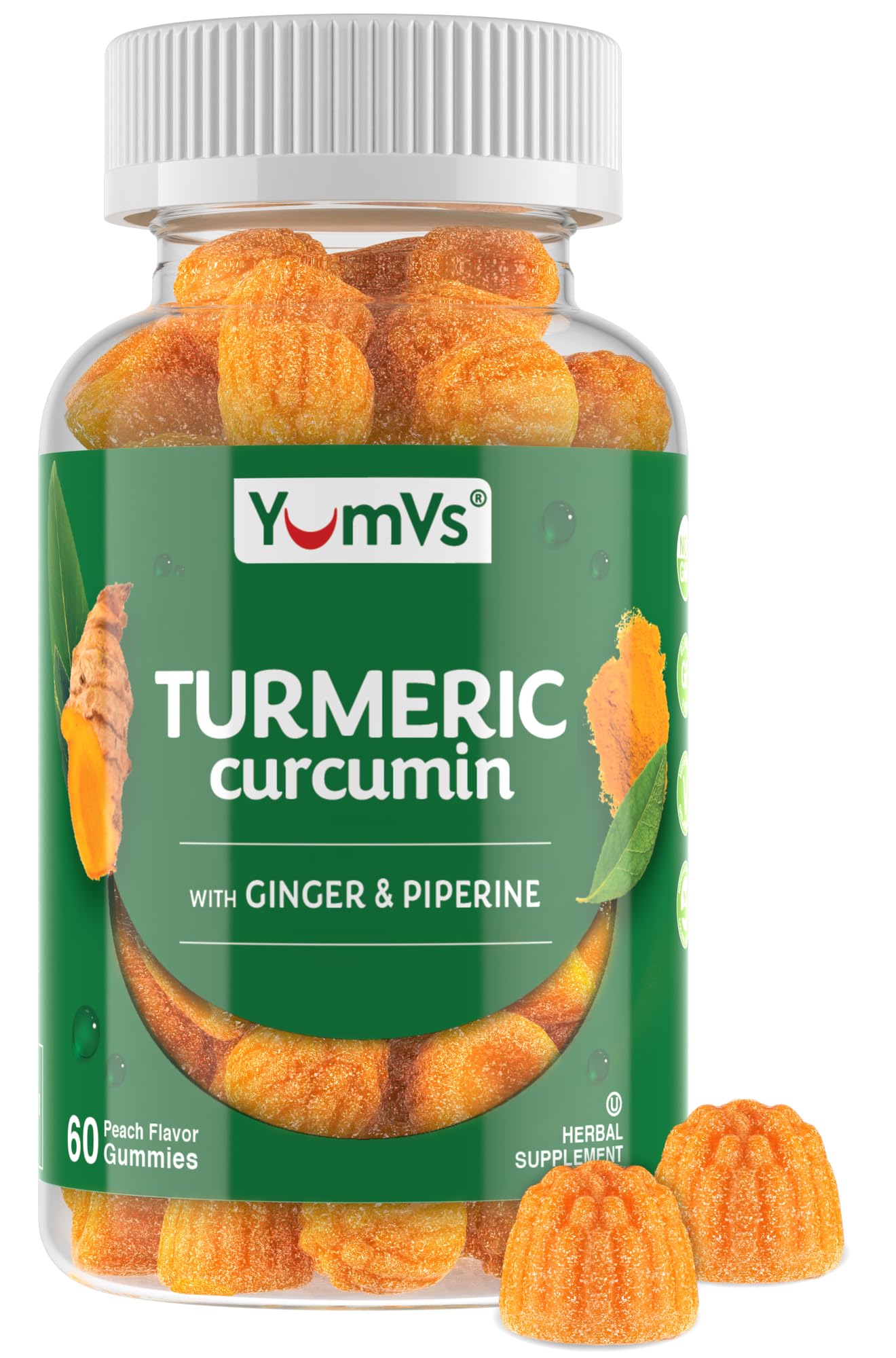 YUM-V'S Turmeric Ginger Gummies with Black Pepper, Peach (60 Count) 60 Count (Pack of 1)