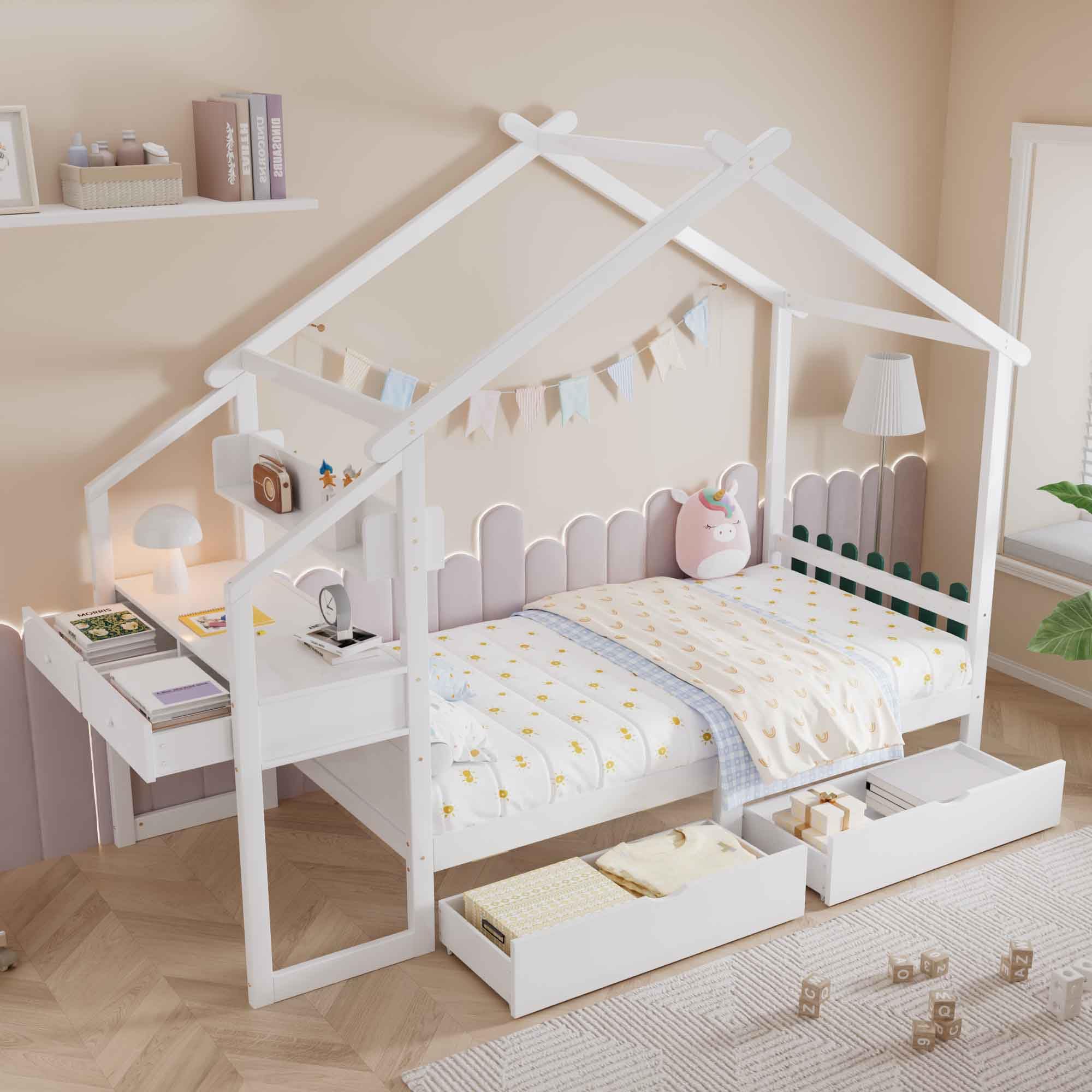 Merax 3FT Single Wooden Storage Bed with Desk, Drawers & Shelf, Kids Bed with Reversible Desk, Treehouse Design, Pine & MDF Frame, Space Saving Bed for Children & Teens, White, 90x190cm — image 1