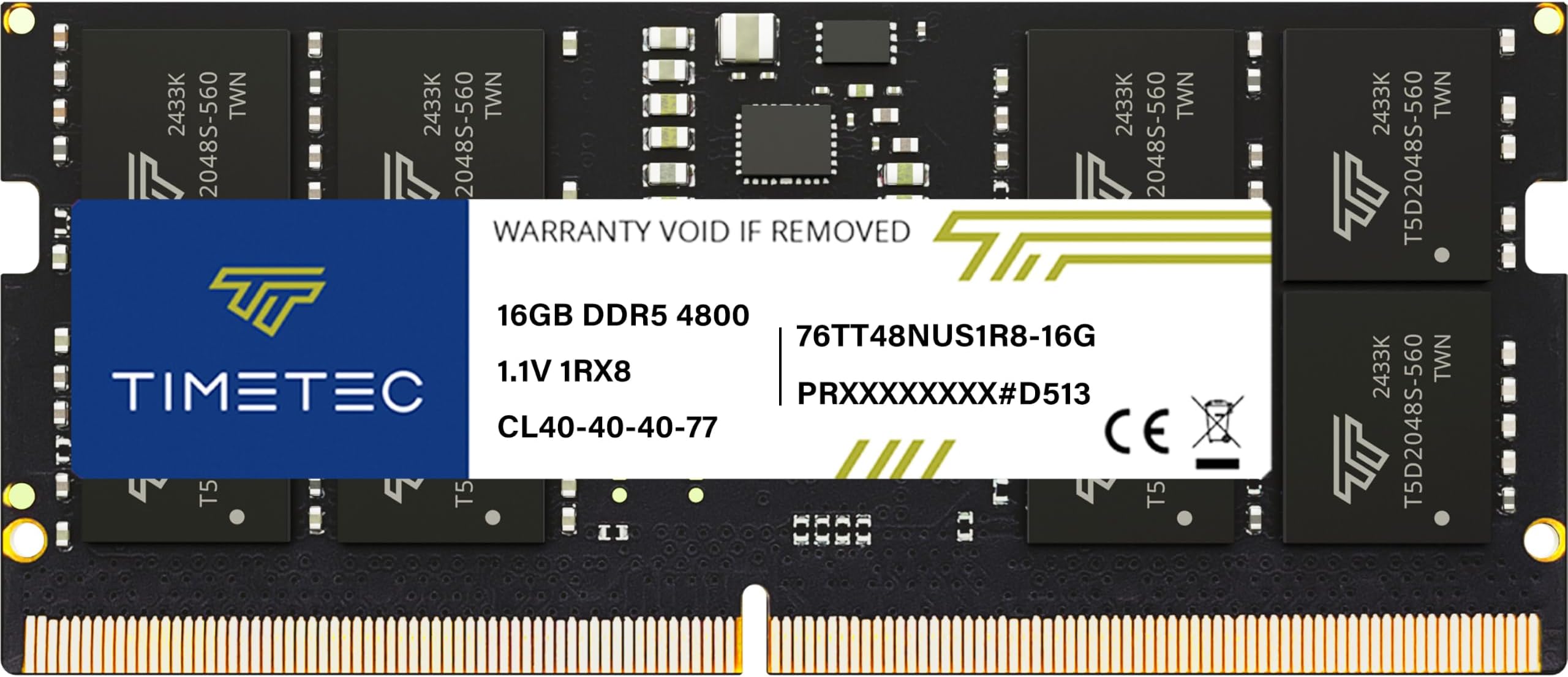 Timetec 16GB DDR5 4800MHz PC5-38400 Unbuffered Non-ECC 1.1V CL40 1Rx8 Single Rank 262Pin SODIMM Laptop Memory RAM Module Upgrade (16GB)