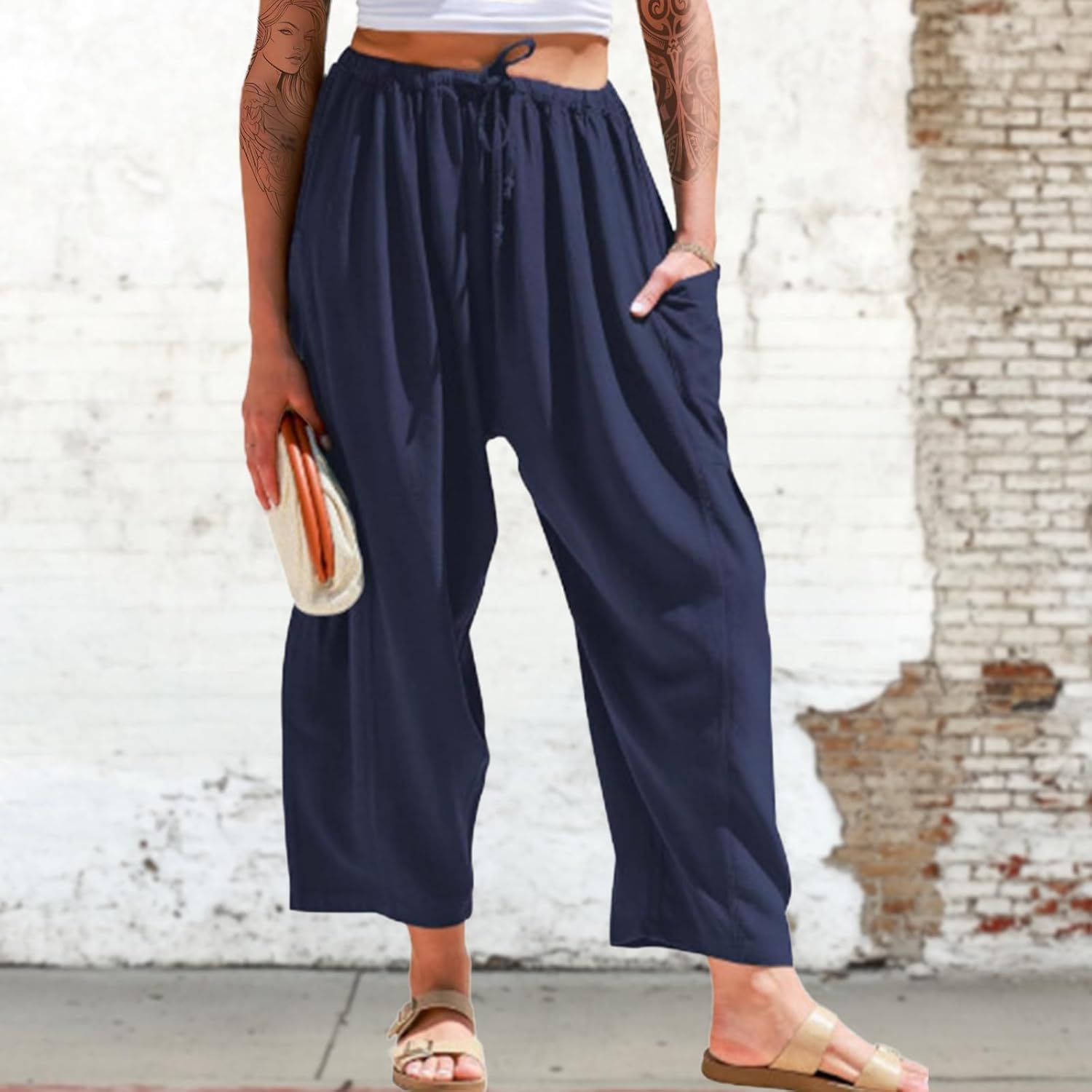Linen Pants Women Petite Plain Plus Size Summer Beach Spring Fitted Cargo Pocket Ankle Length Lounge Pant - Image 3