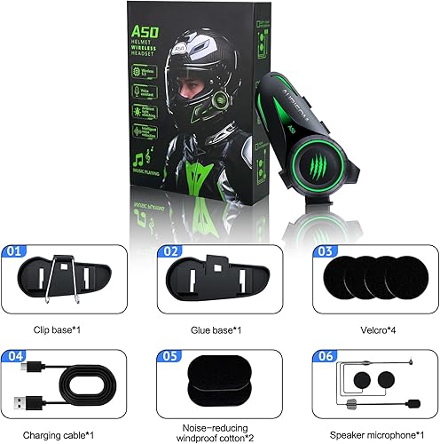 Miniatura 8 de Auriculares Bluetooth para casco de motocicleta, cancelación de ruido, altavoces inalámbricos para casco de 4 colores, luz LED, batería de 1200 mAh,