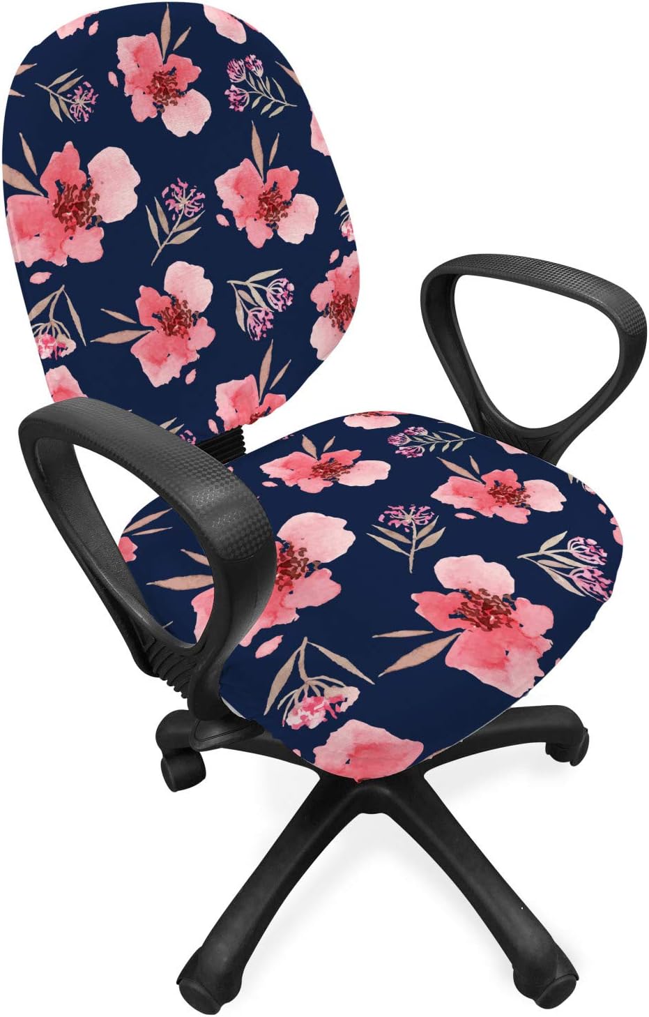 Ambesonne Watercolor Office Chair Slipcover, Nature Inspired Composition with Pink Garden Flora Vintage Petals, Protective Stretch Decorative Fabric Cover, Standard Size, Navy Blue