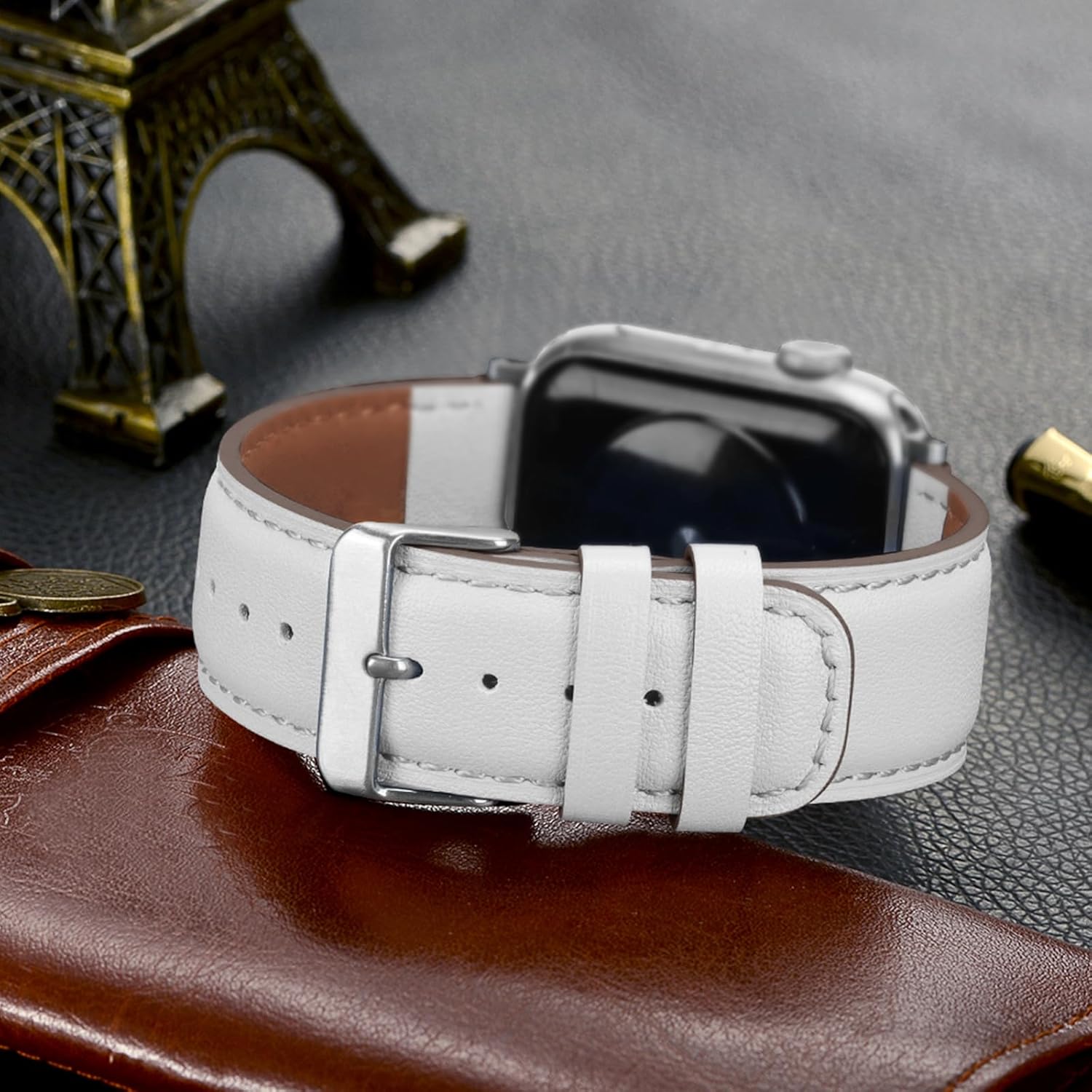 Tasikar Bands Compatible with Apple Watch Band 42mm (Series11/10) 41mm 40mm 38mm Men Genuine Leather Replacement Bands Compatible with Apple Watch SE Series 11 10 9 8 7 6 5 4 3, White - Image 6