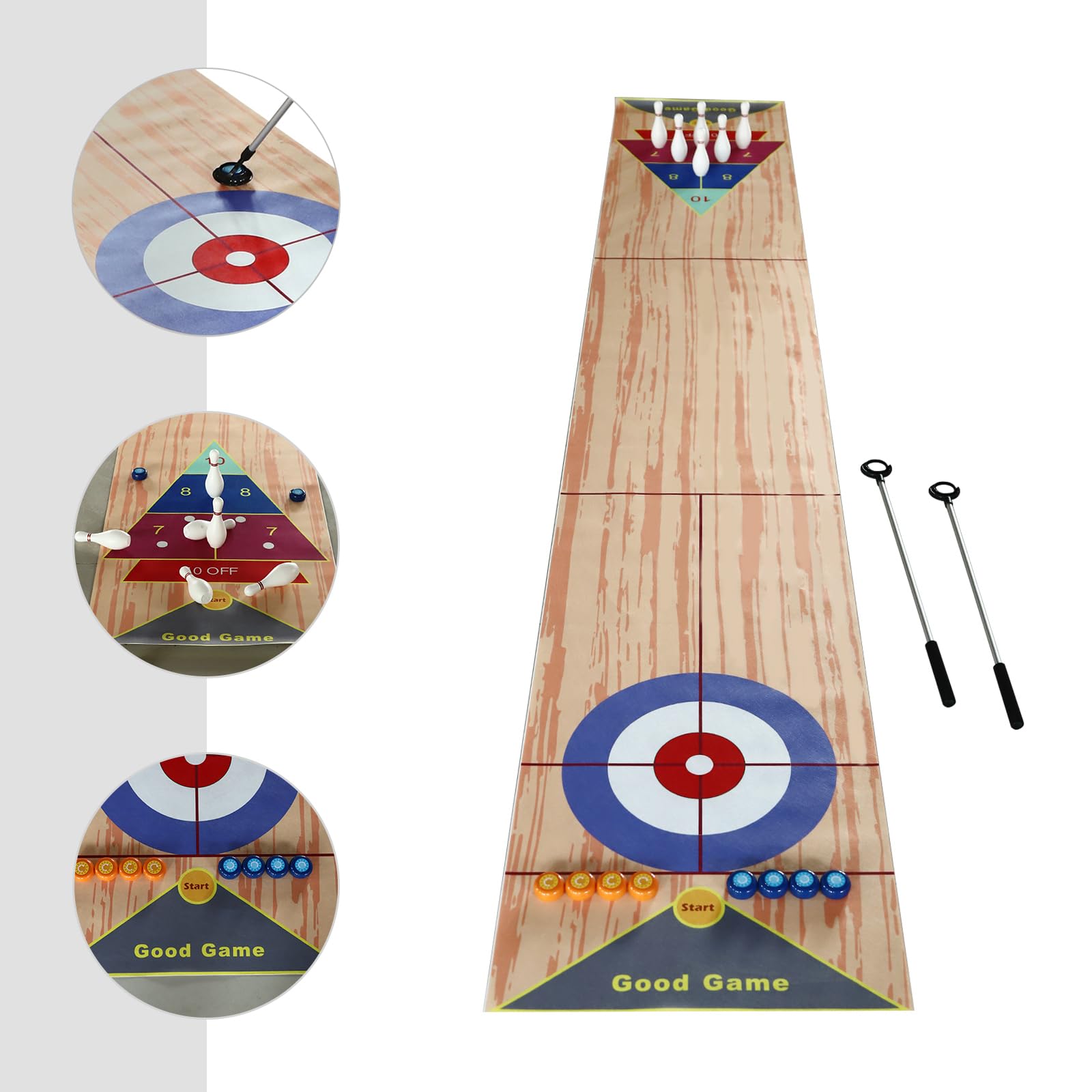 Kit de jeu de curling de table portable 3 en 1, avec bowling et shuffleboard en tissu non tissé résistant – Kit complet comprenant 2 putters de curling, 8 pions, 6 cônes de bowling et tapis de chemin