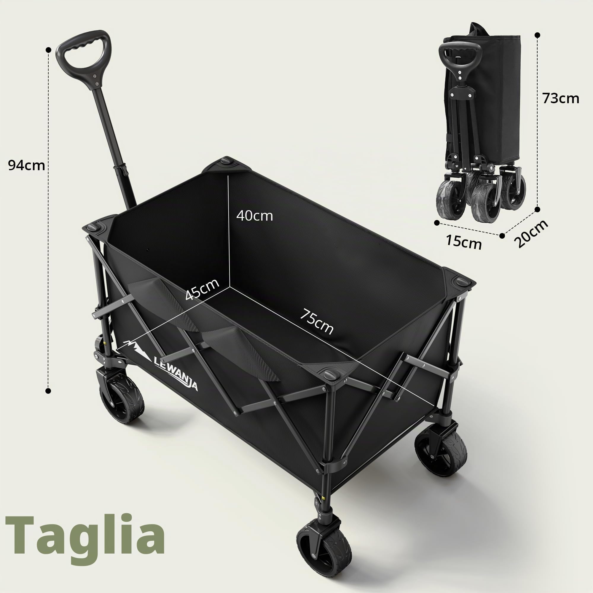 LEWANJA Carrello da Giardino Pieghevole Robusto, Carretto a Mano per Campeggio, Spiaggia, Festival e Spesa, Carrello da Trasporto con Maniglia Regolabile - Capacità 140L e Carico 130kg
