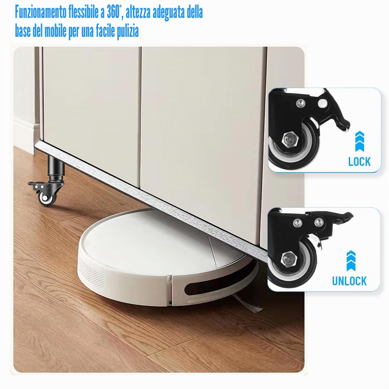 4 Pezzi Piedini Regolabili Per Mobili, Con Ruote Per Freno, 360 Gradi Di Rotazione Liscia Mobile Ruota Mobilia Piedi, Per Divano, Letto, Armadio, Tavolo E Mobili Fai Da Te (14-16cm(Bianco))