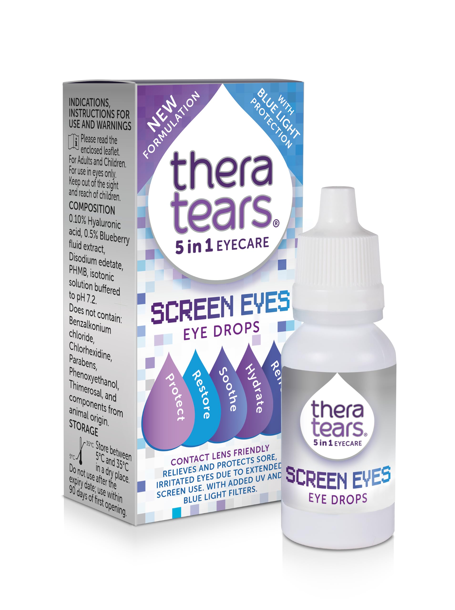 TheraTears Screen Eyes Eye Drops | Relieves, Refreshes and Whitens Dry, Red or Irritated Eyes from Extended Screen Use | Contact Lens Friendly | 5 in 1 Eye Care Drops | 10ml