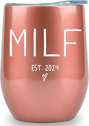 KLUBI New Mom Gifts 2023 MILF  Vaso de vinocafé de 12 onzas  Idea de regalo divertida para mamá primeriza, mujeres, cesta, mamá, embarazo, empuje,