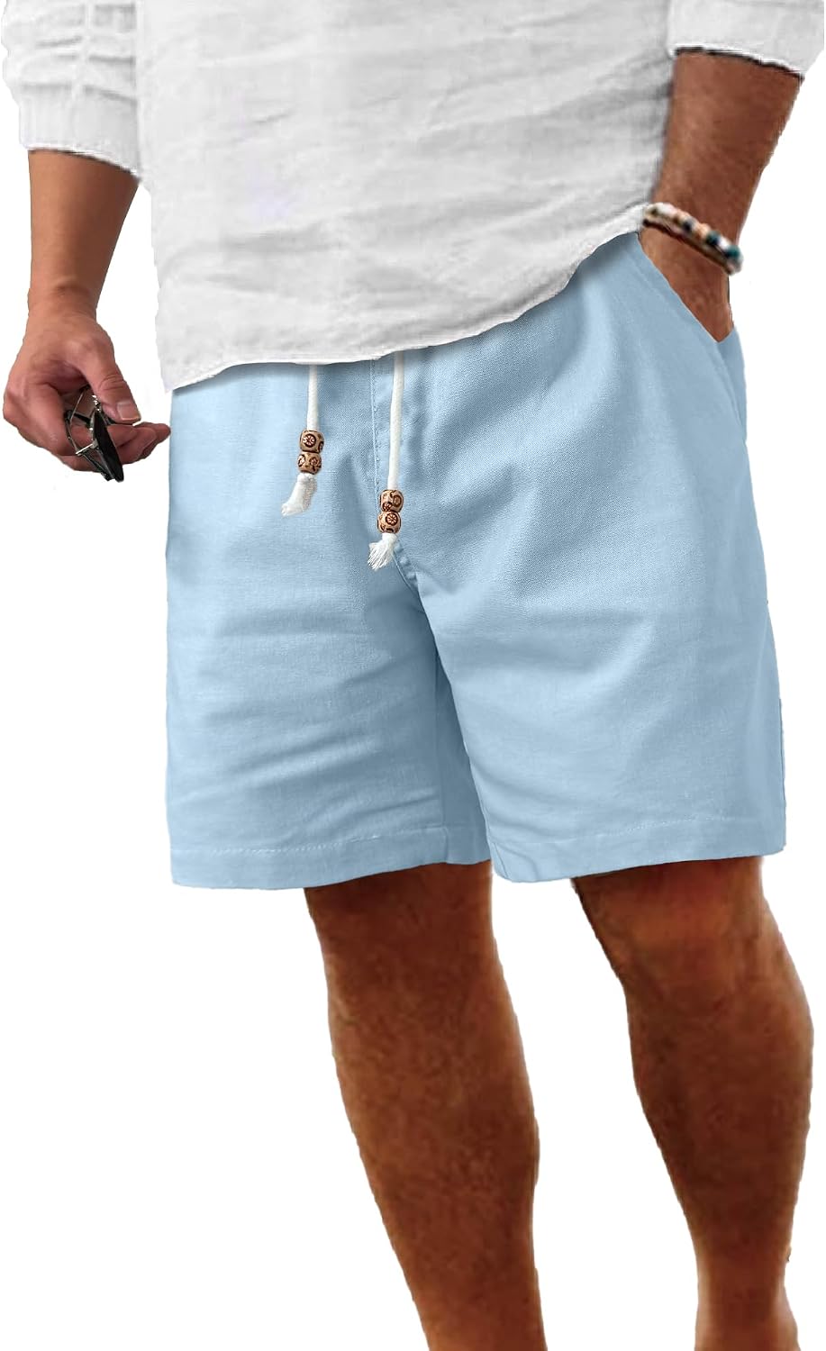 Comdecevis Men's Linen Shorts Casual Elastic Waist Drawstring Summer Beach Vacation Yoga Golf Shorts with Pockets