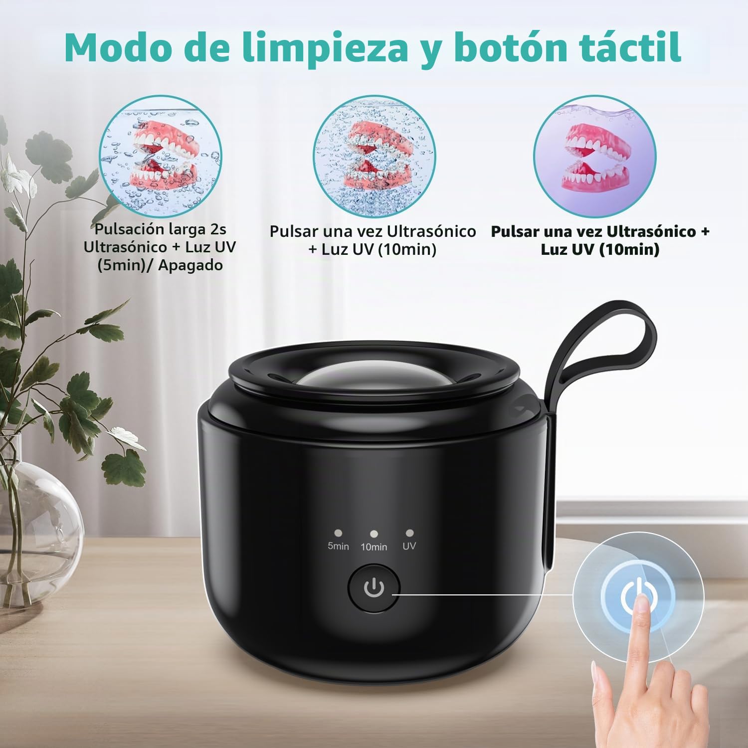 Limpiador Ultrasónico Inalámbrico para Prótesis Dentales, 48 kHz, 125 ml, 3 Modos, Luz UV, Batería 2000 mAh