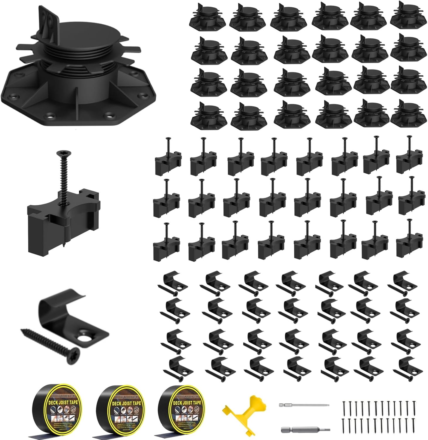 Deckit Deck Building Kit - 24 Adjustable Deck Supports, 600 Hidden Fasteners, 30 Starter Clips, 3 Rolls Joist Tape