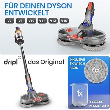 dripl mop attachment for dyson v7 / v8 / v10 / v11 / v15 vacuum cleaner electric floor mop with removable water tank and 6 washable pug + 1 filling container