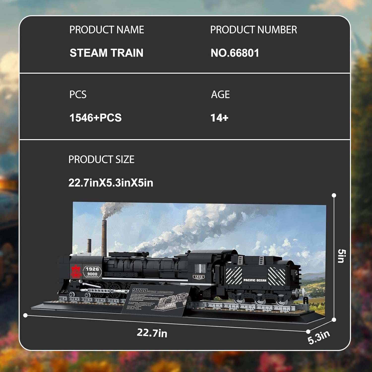 Diagram showing the dimensions of the Reobrix Steam Train Building Block 66801