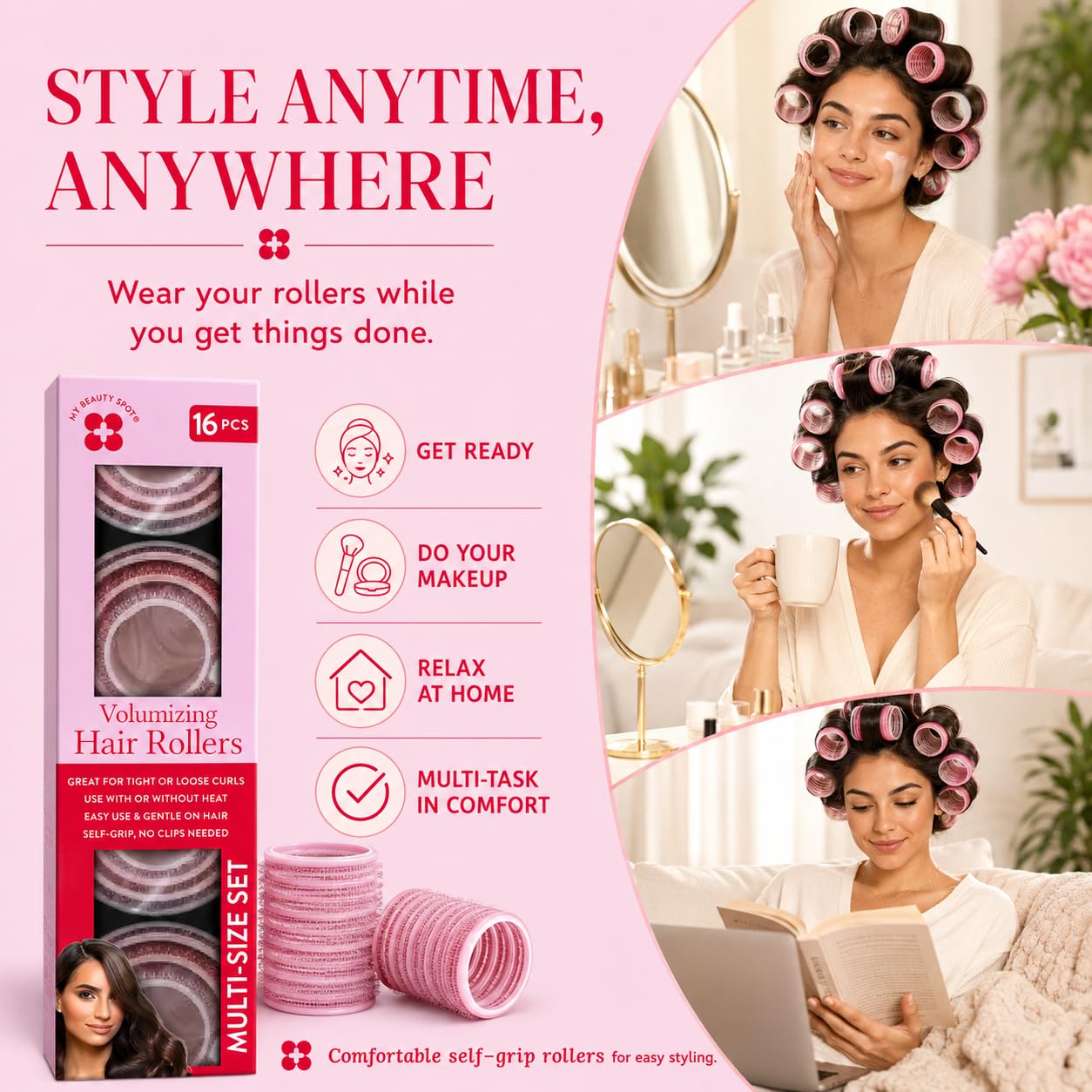 My Beauty Spot 16-Piece Self-Grip Hair Rollers for Women, Multi-Size Volumizing Curlers