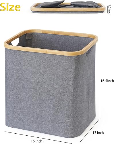 Miniatura 5 de Cesto de lavandería, gris, capacidad de 60 L, plegable, mango de bambú, tela Oxford 600D duradera