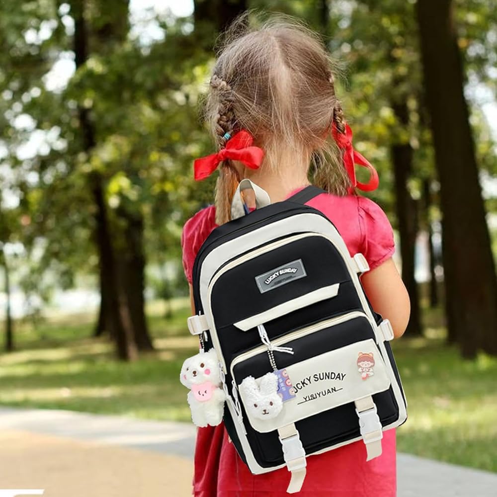 Fashion Cute 5Pcs Canvas School Backpack Set For Women - Stylish & Waterproof Travel Bags For Students