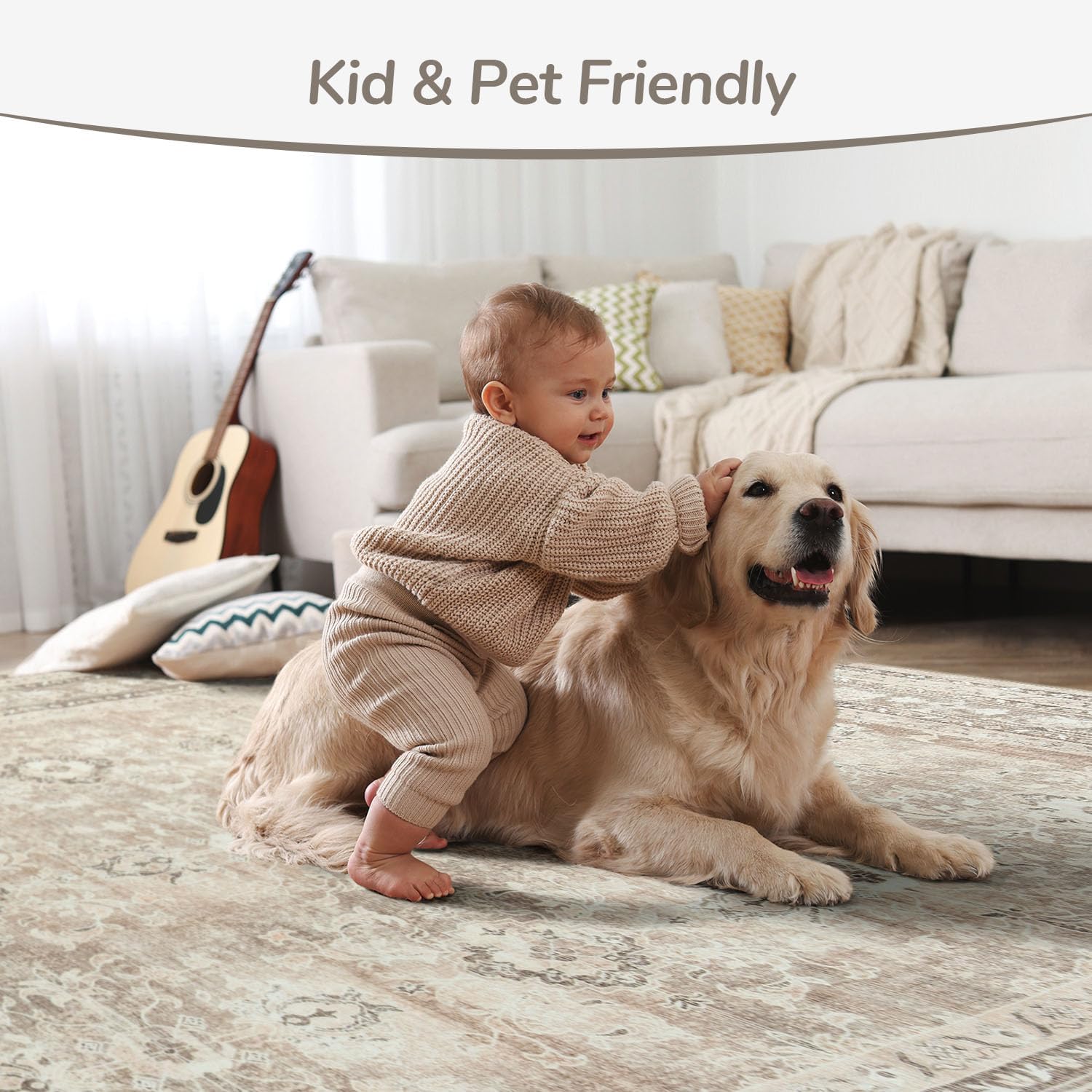Lessymo 5x7 Area Rugs for Living Room, Machine Washable Non Slip Rug, Soft Low Pile Carpet for Bedroom Dining Home Office, Vintage Beige Distressed Floral Floor Mat