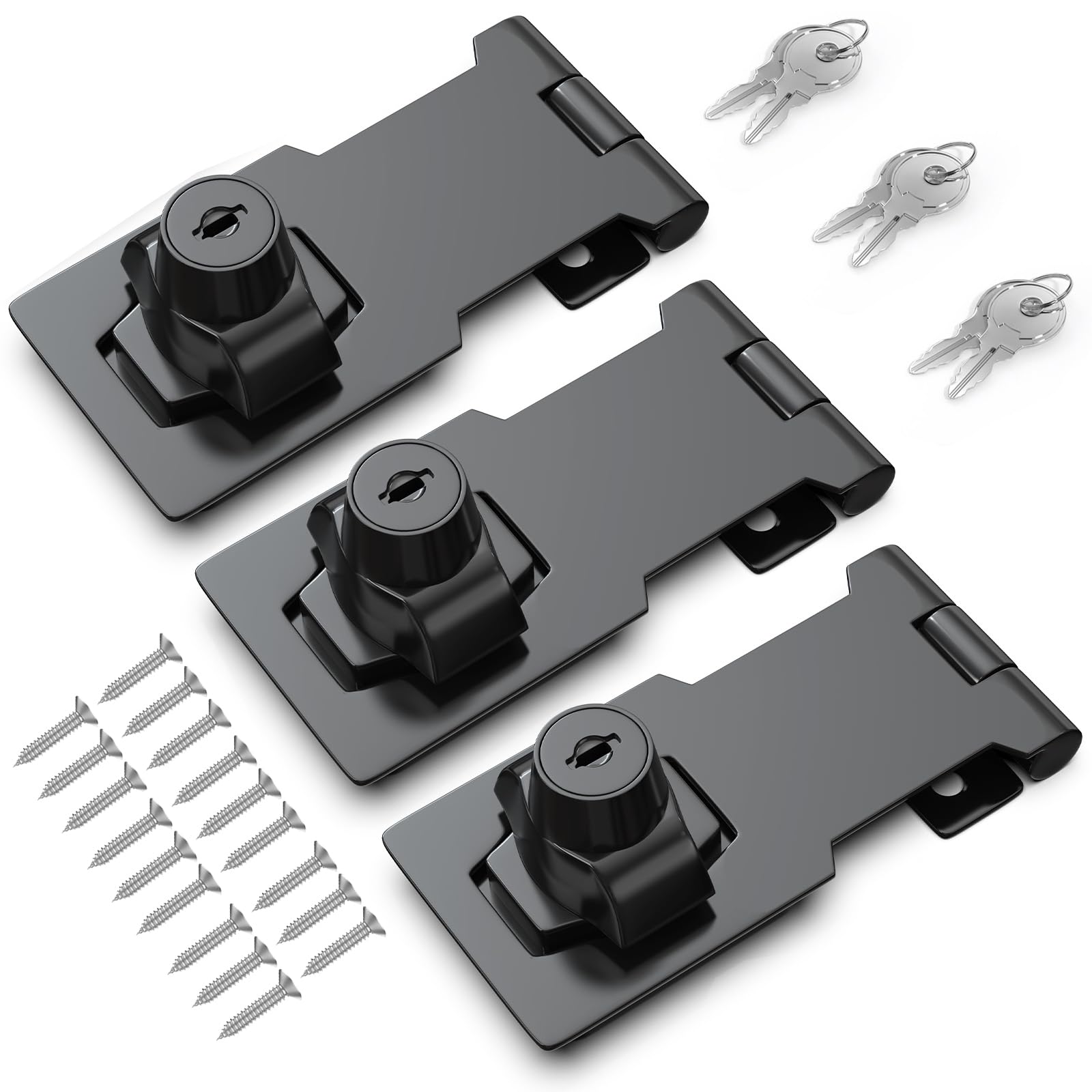 3 Inch Keyed Hasp Lock for Cabinets &amp; Small Doors, Twist Knob Design, Heavy Duty Zinc Alloy with Chrome-Plated Iron, Includes Keys &amp; Screws - Black, 3 Pack